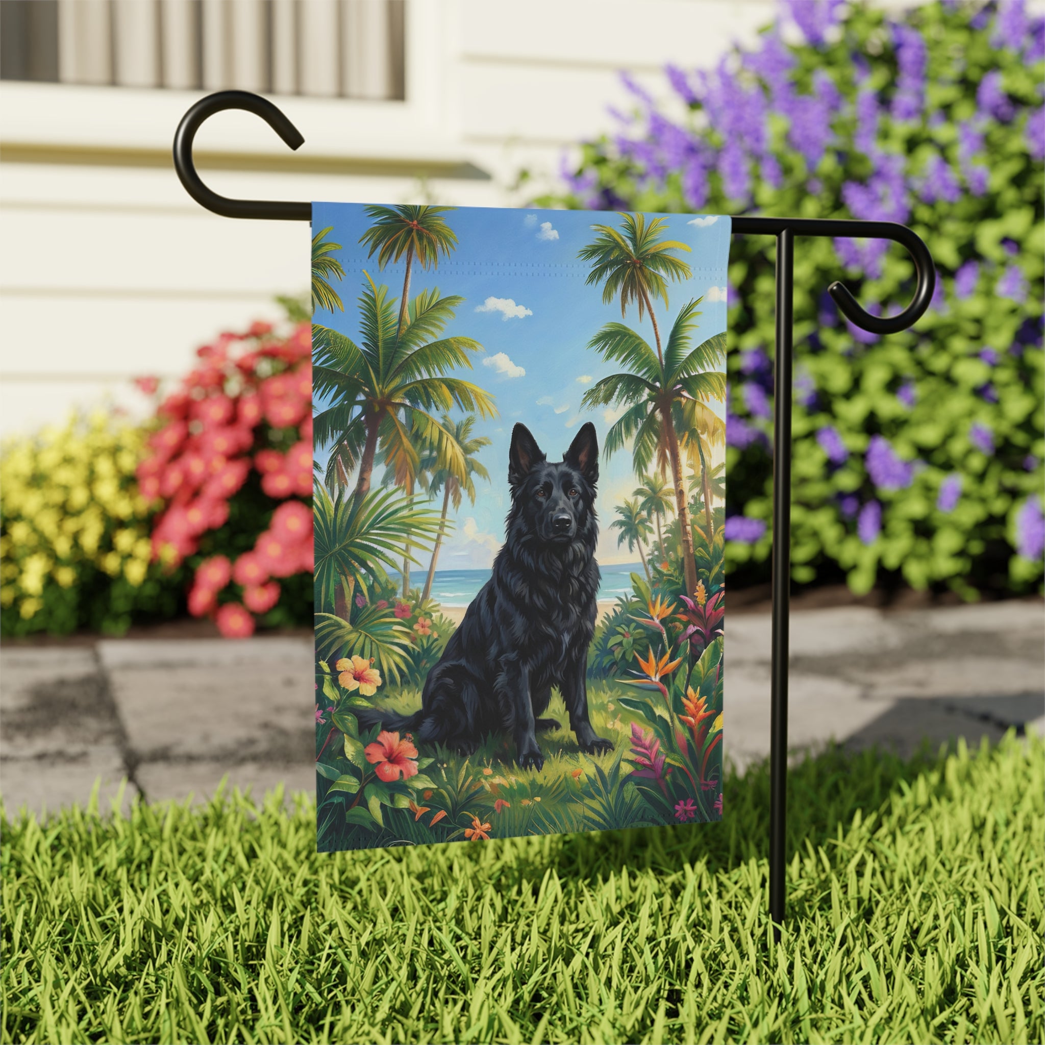 Palm Tree Summer Black German Shepherd Garden Flag - close-up detail - Dragonfire Gardens