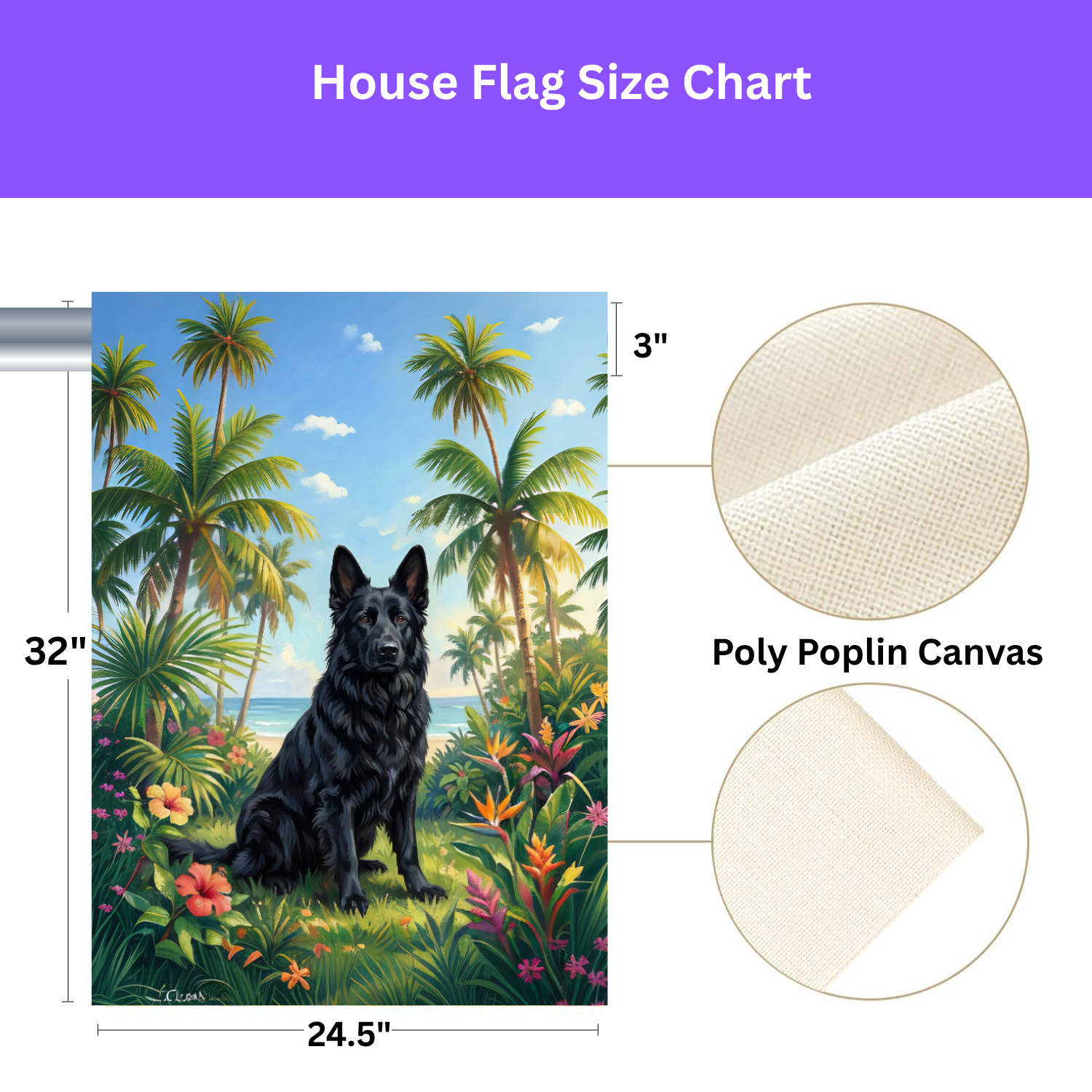 Palm Tree Summer Black German Shepherd Garden Flag - size comparison - Dragonfire Gardens