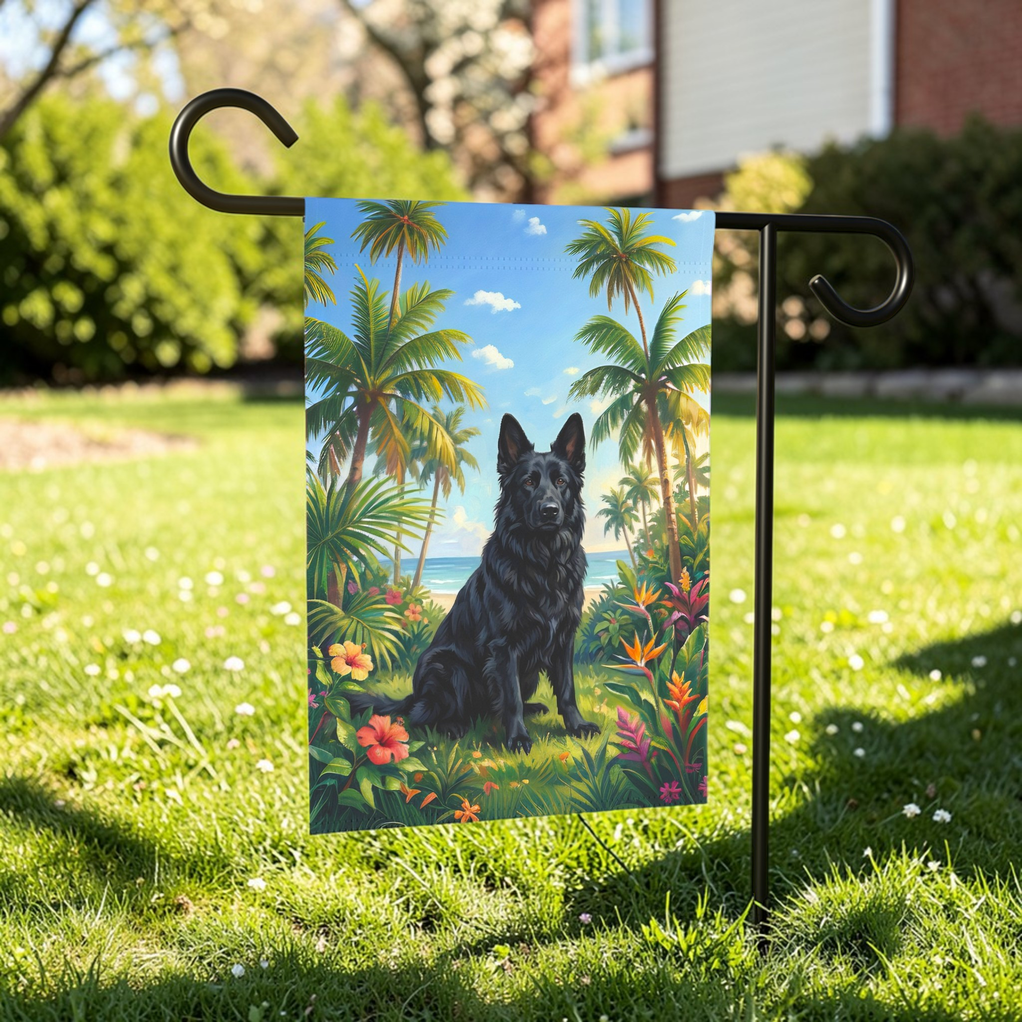 Palm Tree Summer Black German Shepherd Garden Flag - outdoor display - Dragonfire Gardens
