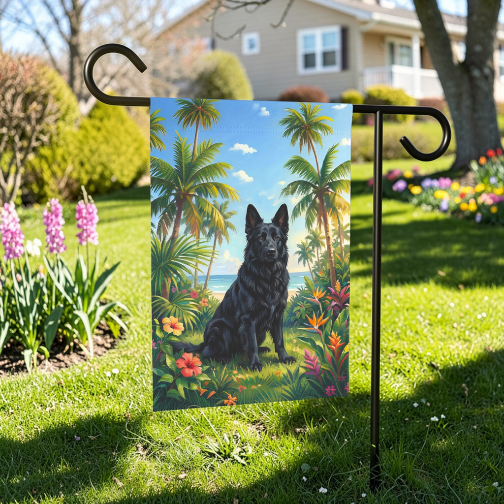 Palm Tree Summer Black German Shepherd Garden Flag - lifestyle display - Dragonfire Gardens