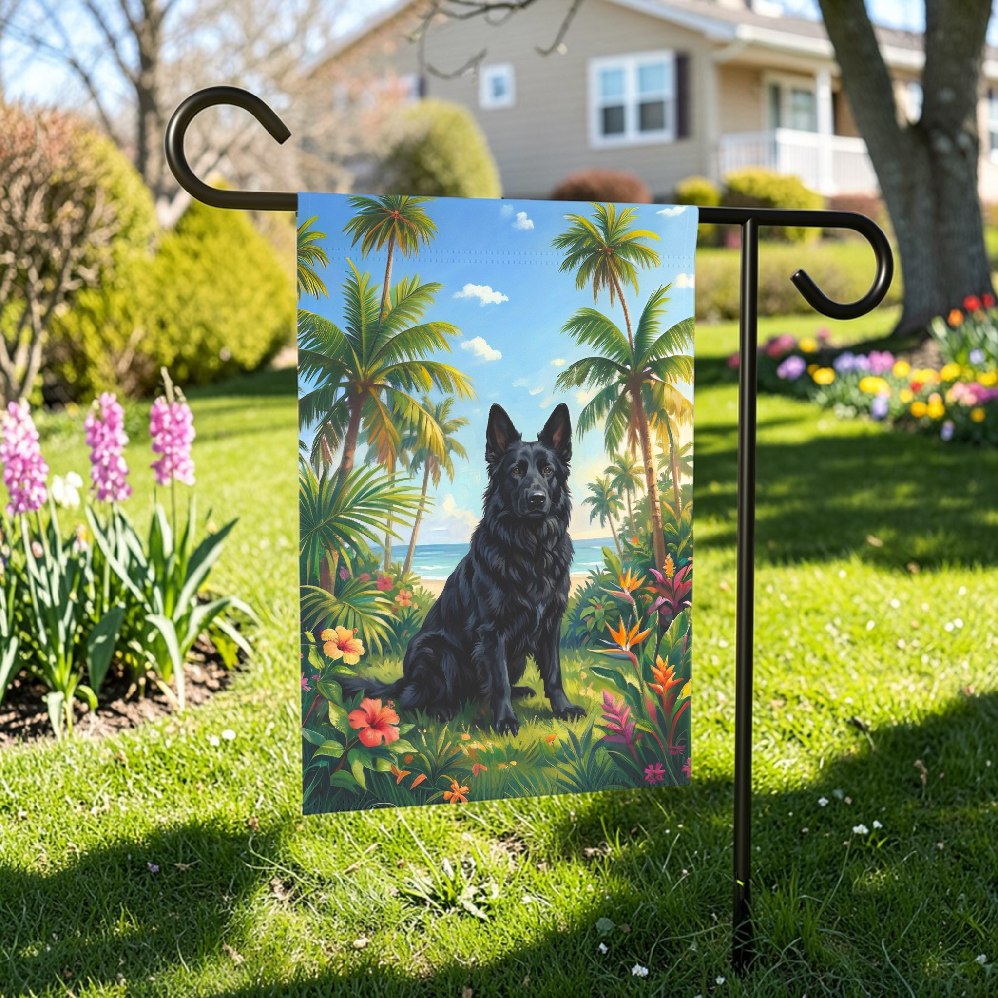 Palm Tree Summer Black German Shepherd Garden Flag - lifestyle display - Dragonfire Gardens