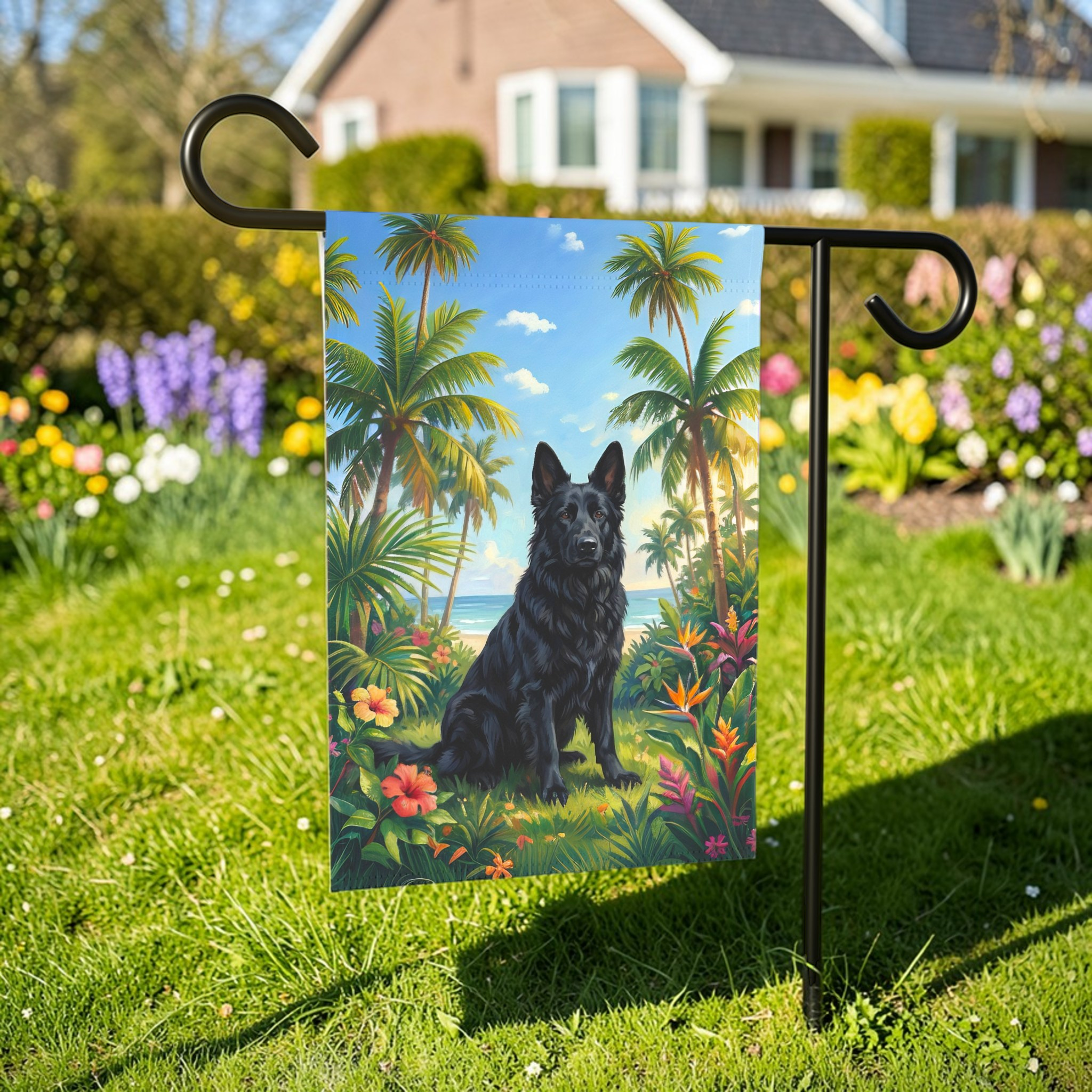 Palm Tree Summer Black German Shepherd Garden Flag - front view - Dragonfire Gardens