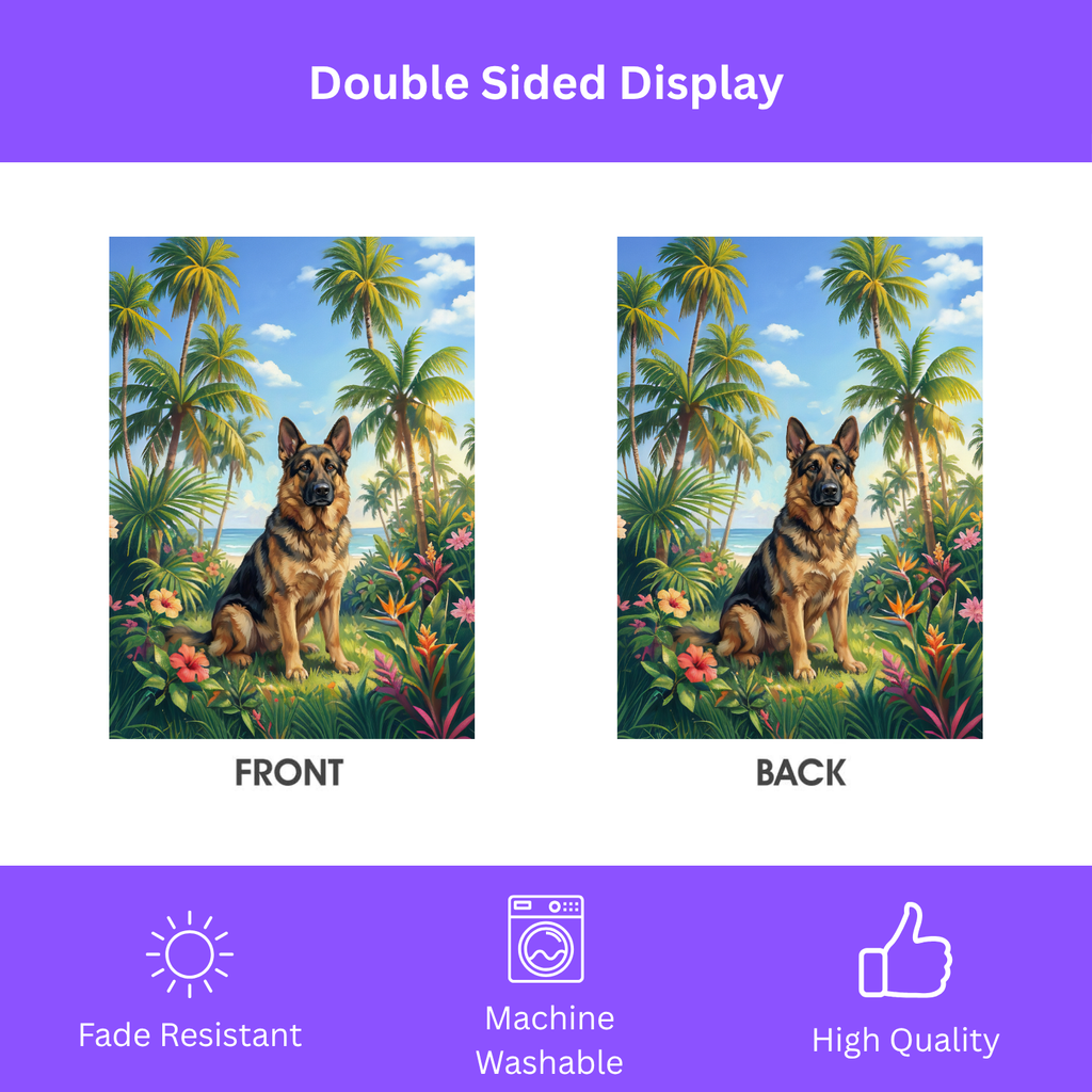 Palm Tree Summer German Shepherd Garden Flag - size comparison - Dragonfire Gardens