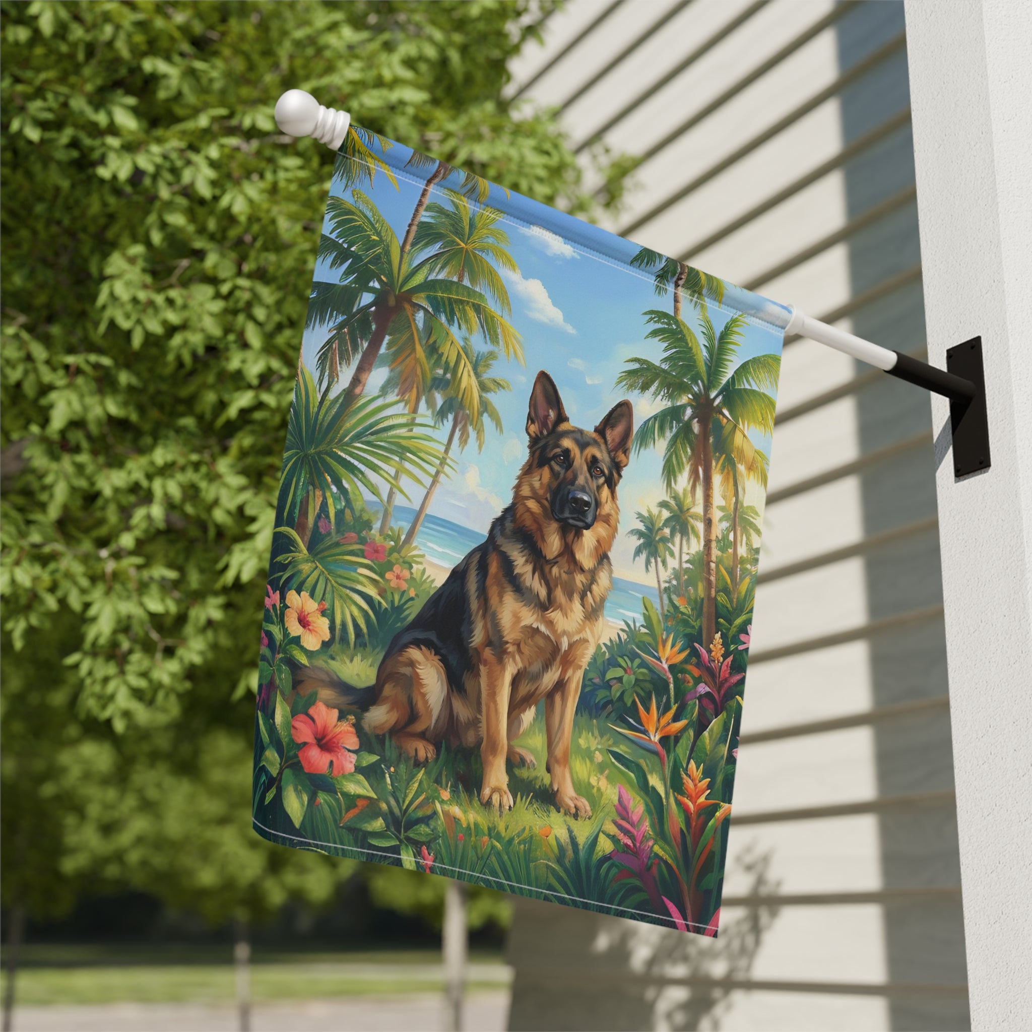 Palm Tree Summer German Shepherd Garden Flag - yard display - Dragonfire Gardens