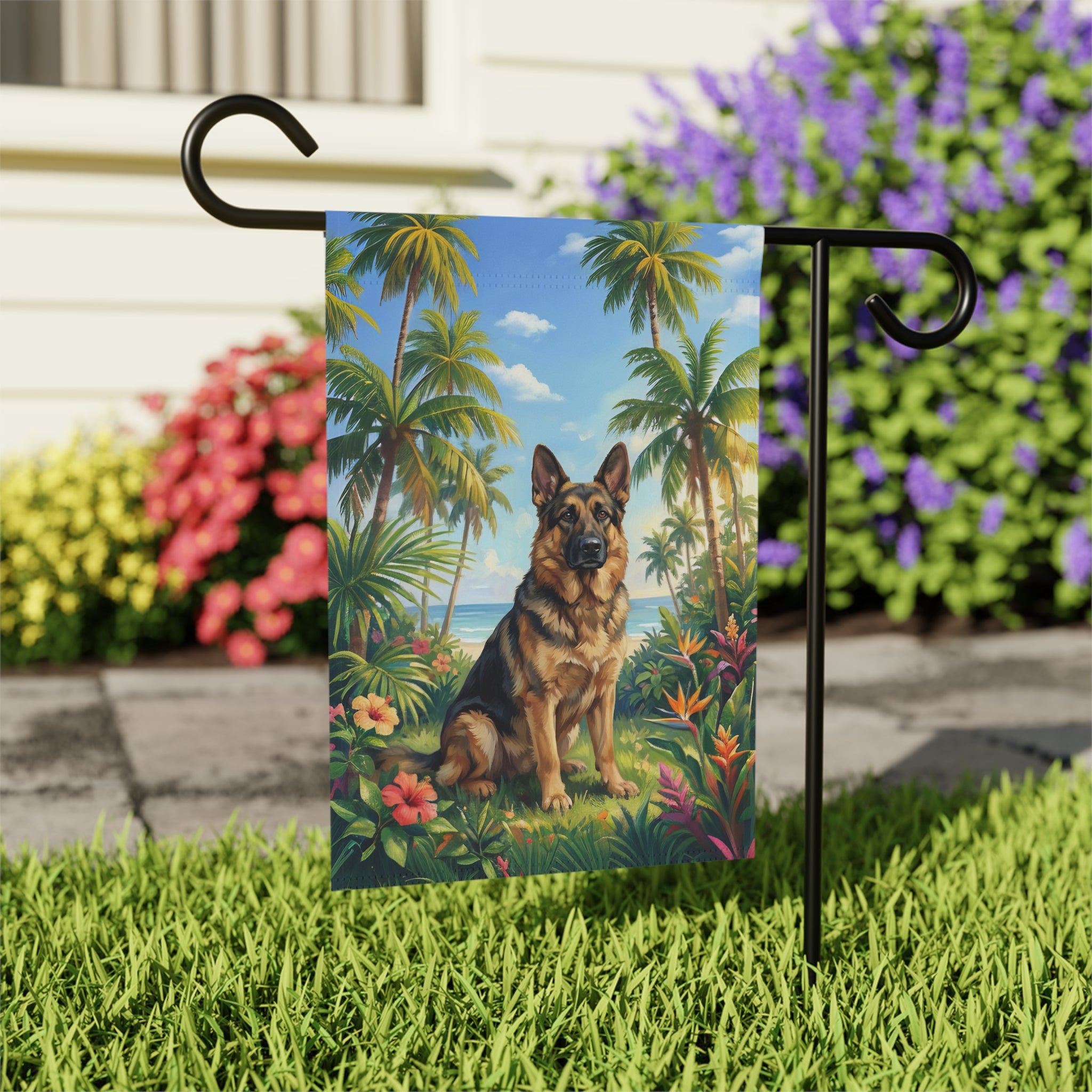 Palm Tree Summer German Shepherd Garden Flag - close-up detail - Dragonfire Gardens