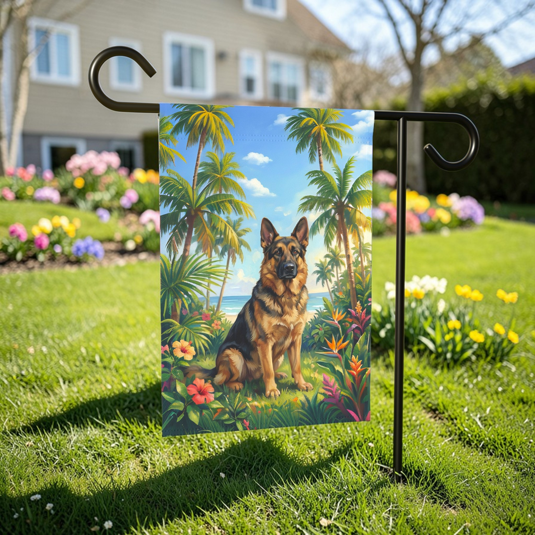 Palm Tree Summer German Shepherd Garden Flag - outdoor display - Dragonfire Gardens