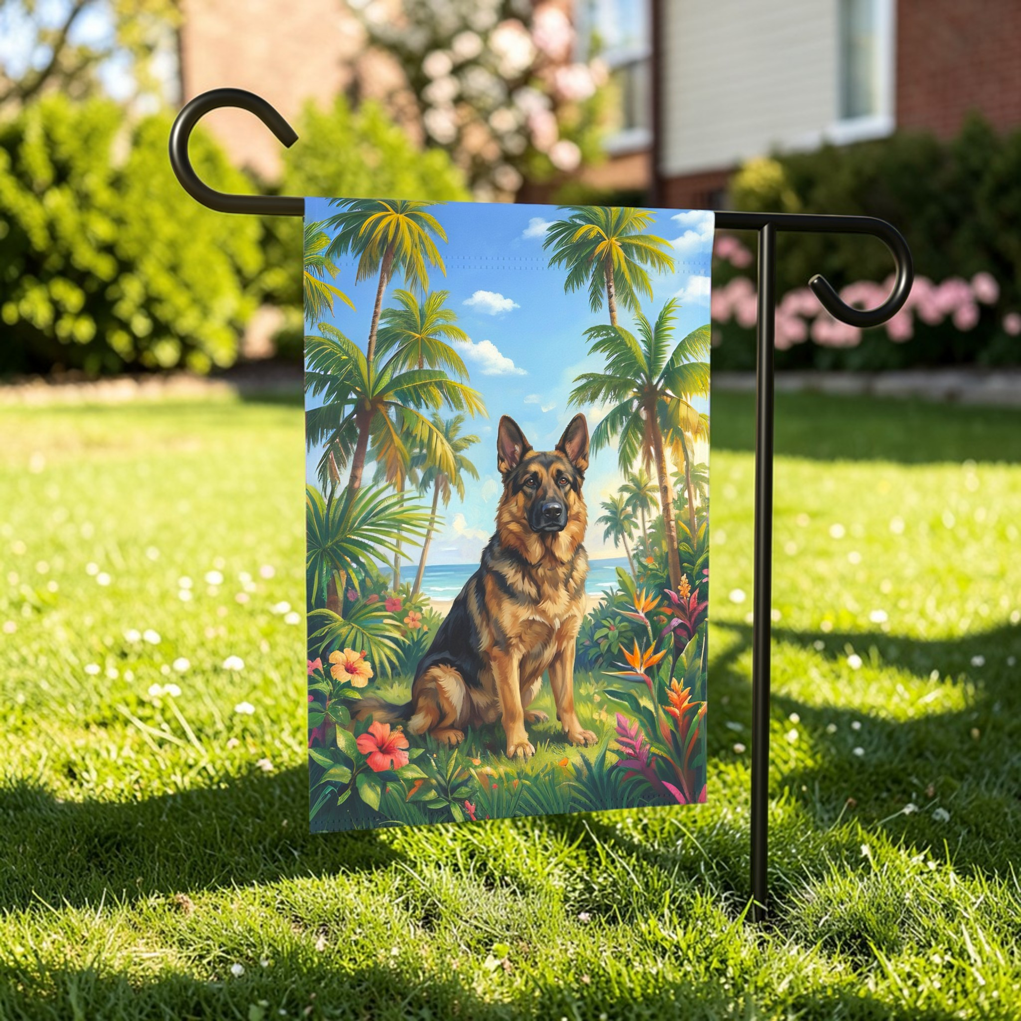 Palm Tree Summer German Shepherd Garden Flag - lifestyle display - Dragonfire Gardens