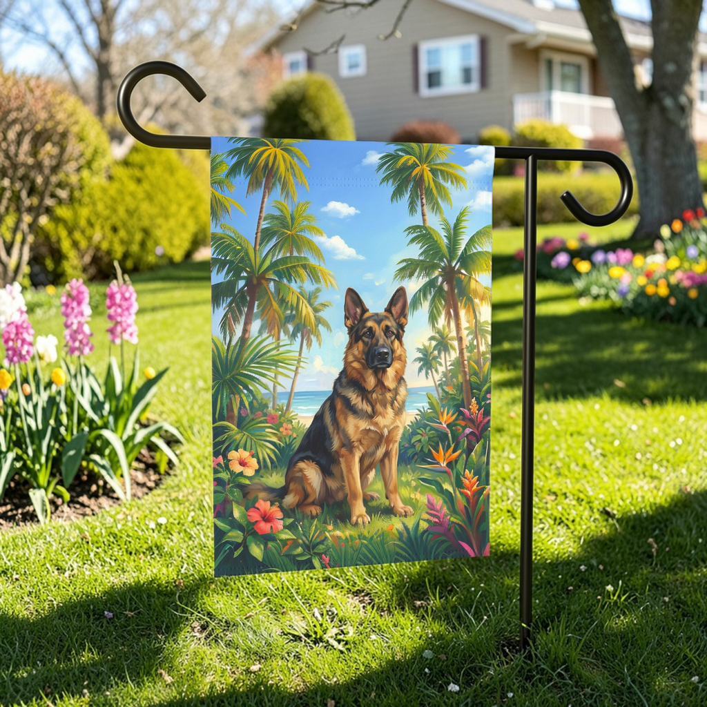 Palm Tree Summer German Shepherd Garden Flag - front view - Dragonfire Gardens