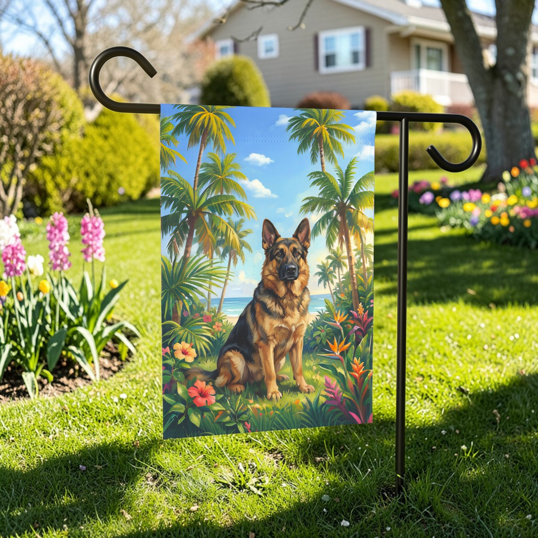 Palm Tree Summer German Shepherd Garden Flag - front view - Dragonfire Gardens