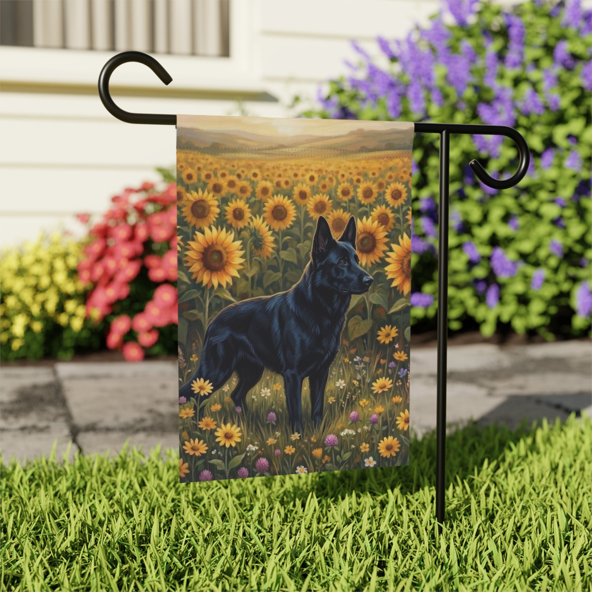 Sunflower Field Black German Shepherd Garden Flag - close-up detail - Dragonfire Gardens
