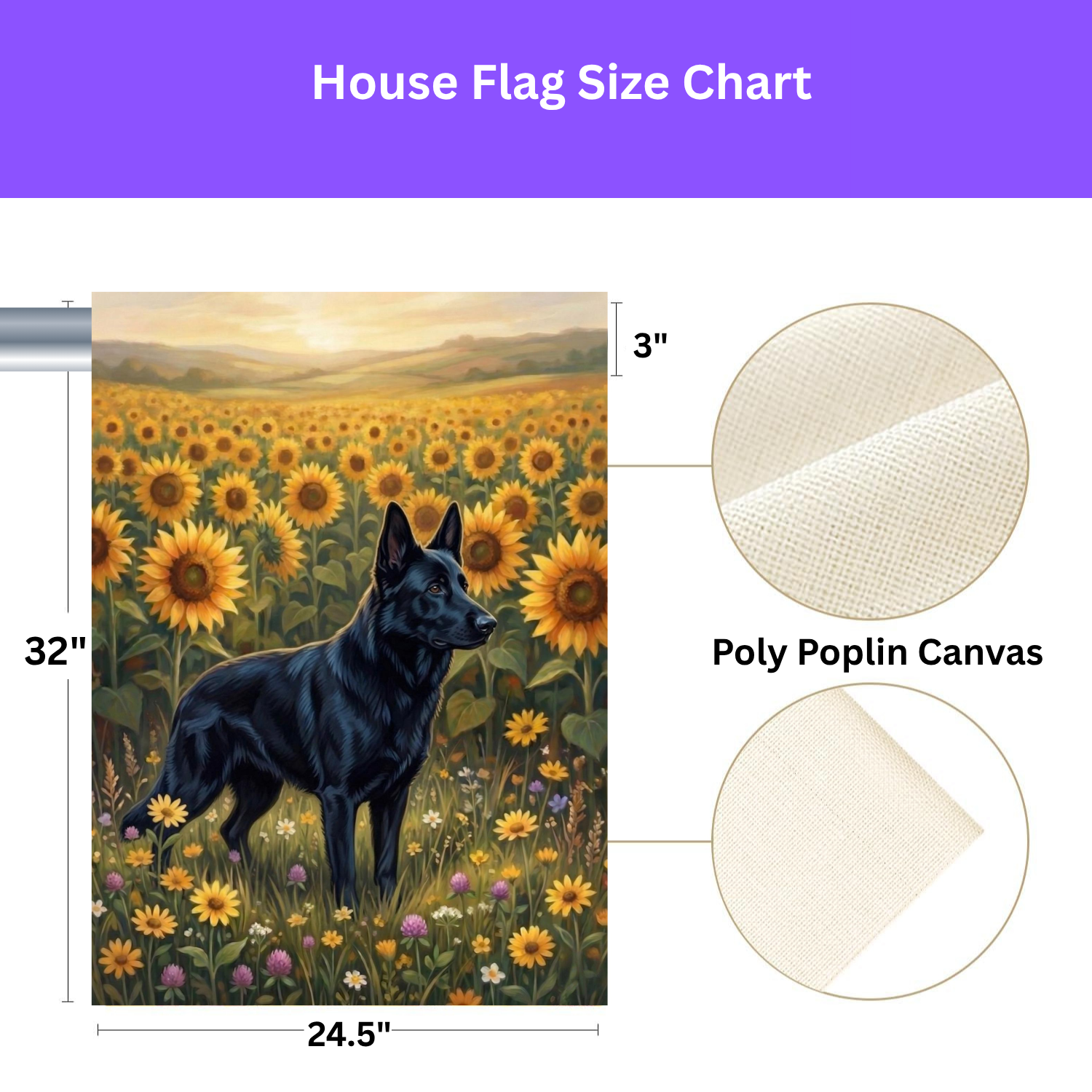 Sunflower Field Black German Shepherd Garden Flag - size comparison - Dragonfire Gardens