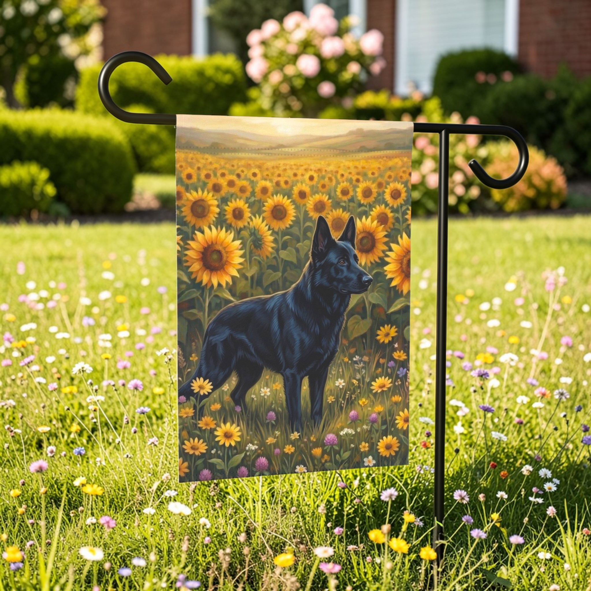 Sunflower Field Black German Shepherd Garden Flag - outdoor display - Dragonfire Gardens