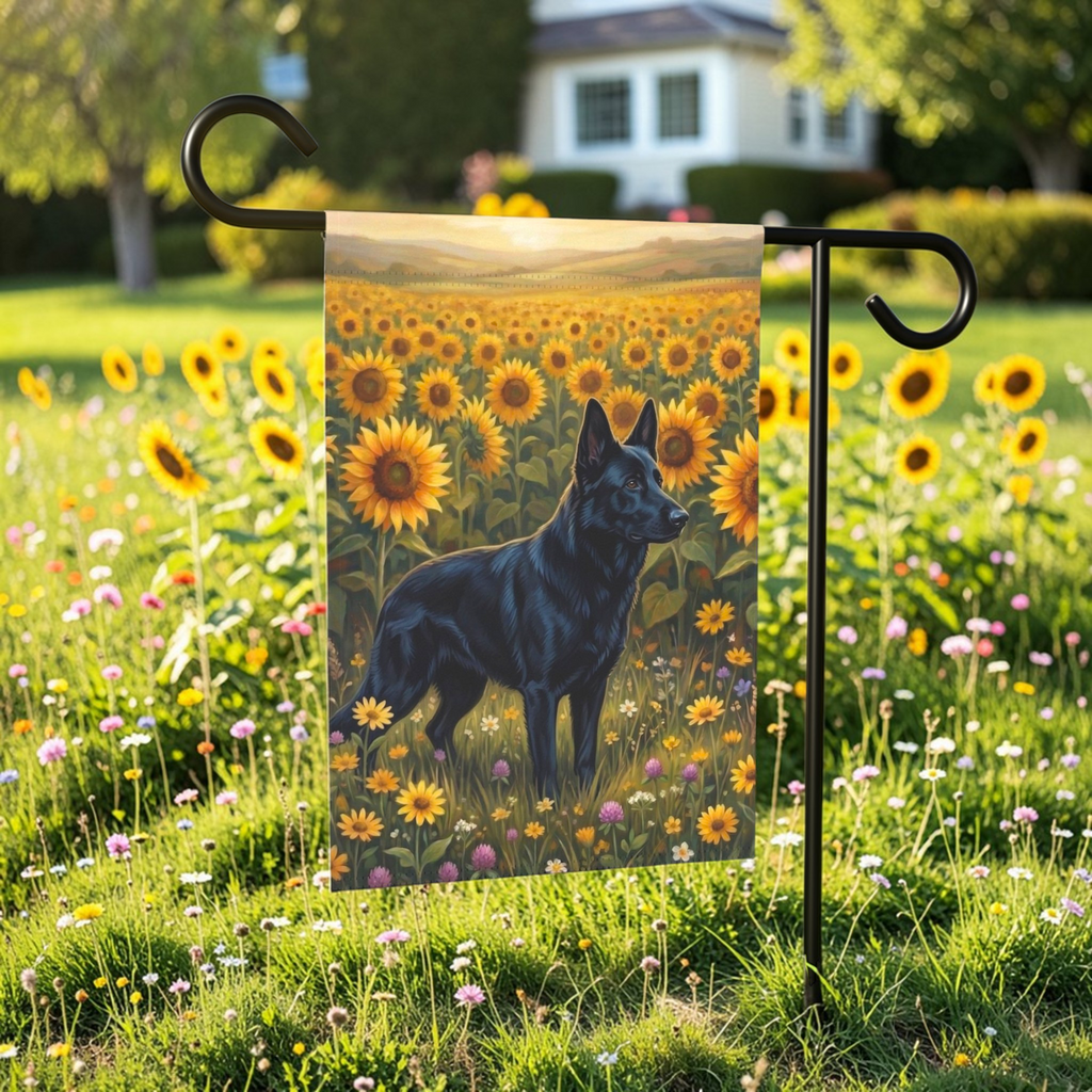 Sunflower Field Black German Shepherd Garden Flag - front view - Dragonfire Gardens