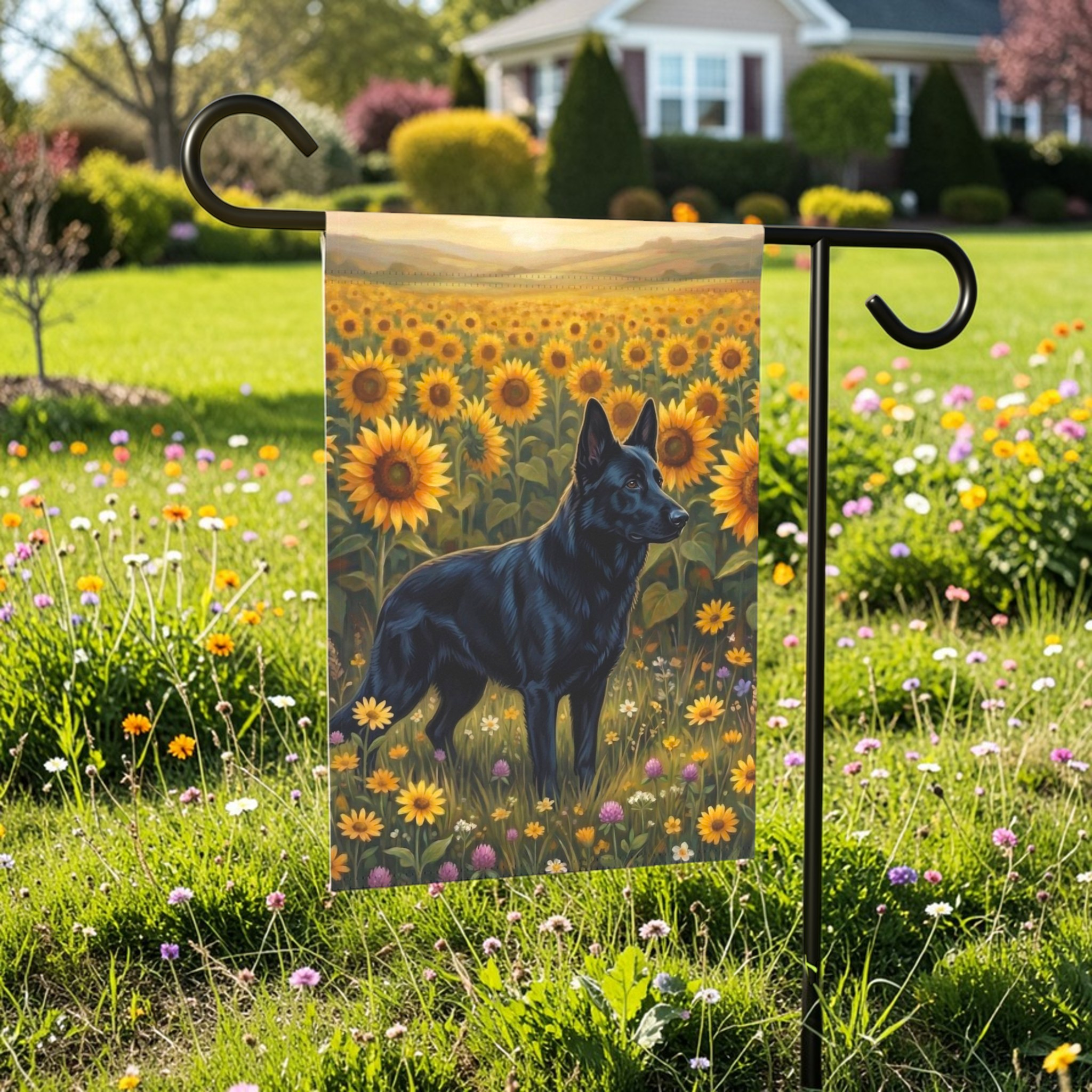 Sunflower Field Black German Shepherd Garden Flag - lifestyle display - Dragonfire Gardens