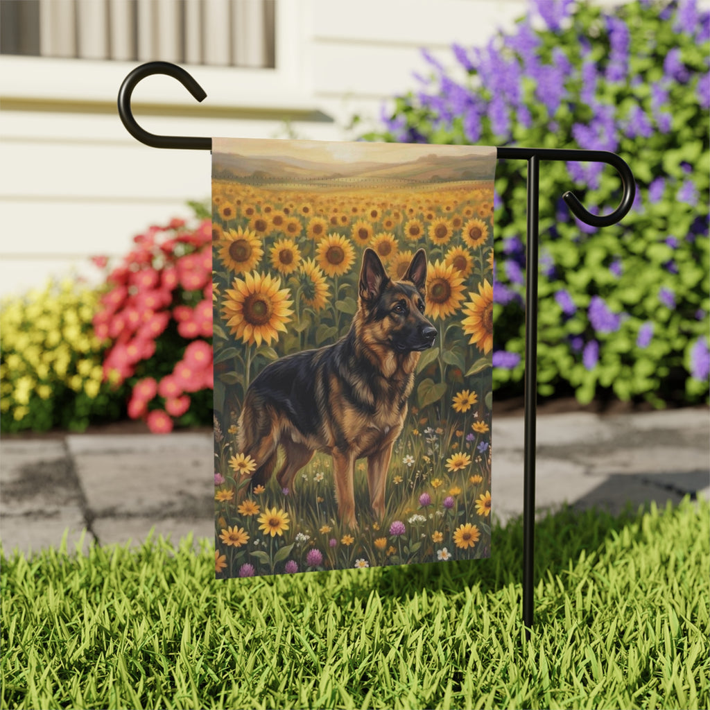 Sunflower Field German Shepherd Garden Flag - close-up detail - Dragonfire Gardens