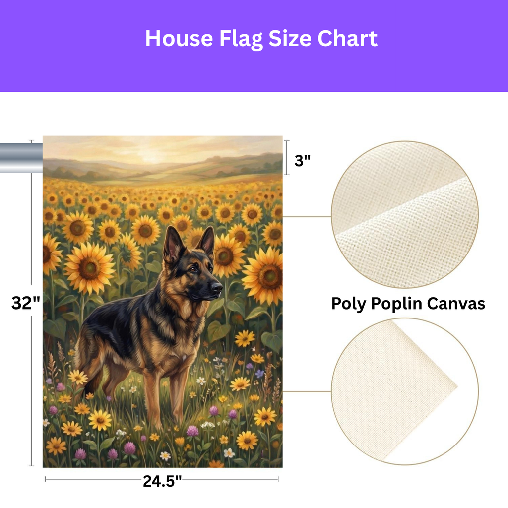 Sunflower Field German Shepherd Garden Flag - size comparison - Dragonfire Gardens
