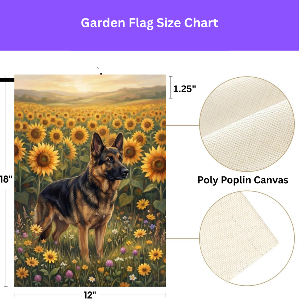 Sunflower Field German Shepherd Garden Flag - double-sided design - Dragonfire Gardens