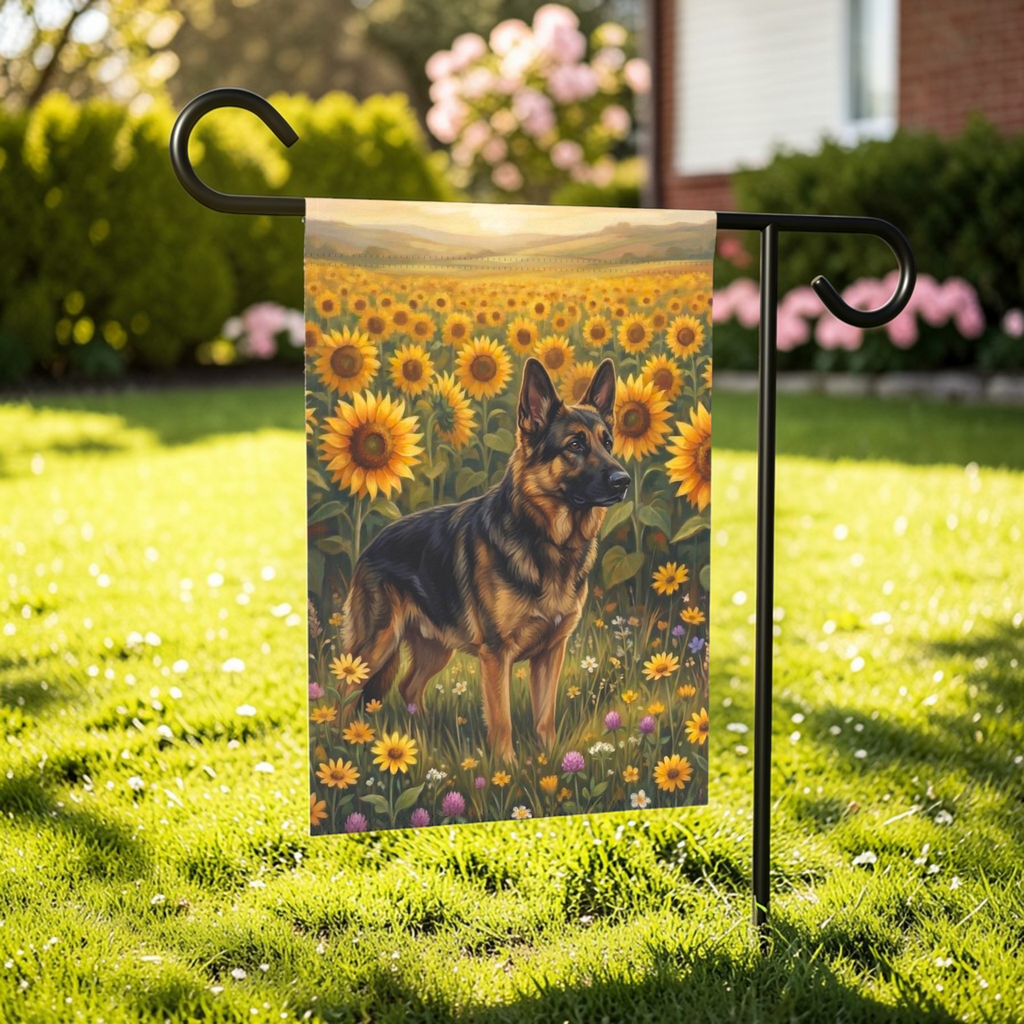 Sunflower Field German Shepherd Garden Flag - lifestyle display - Dragonfire Gardens