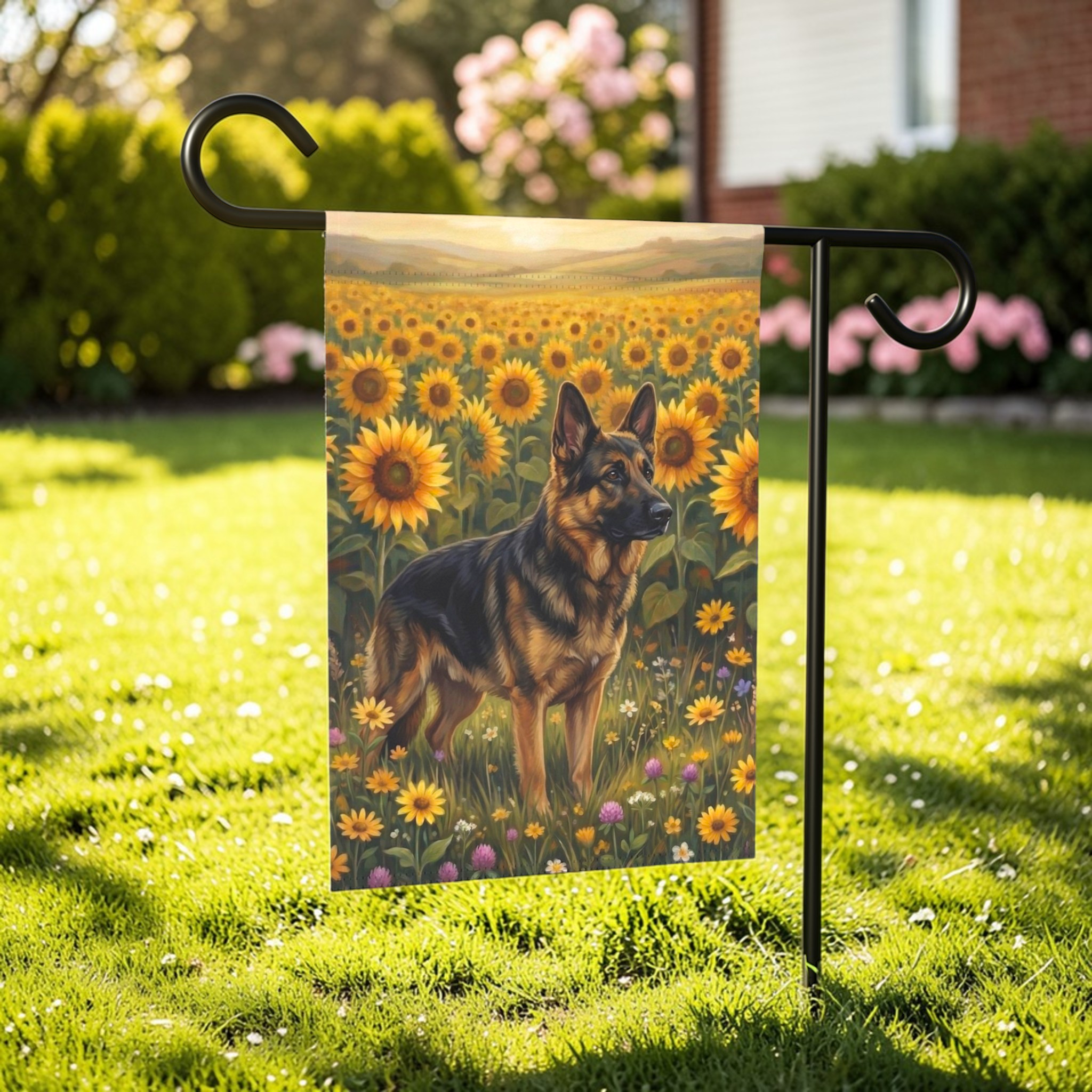 Sunflower Field German Shepherd Garden Flag - lifestyle display - Dragonfire Gardens
