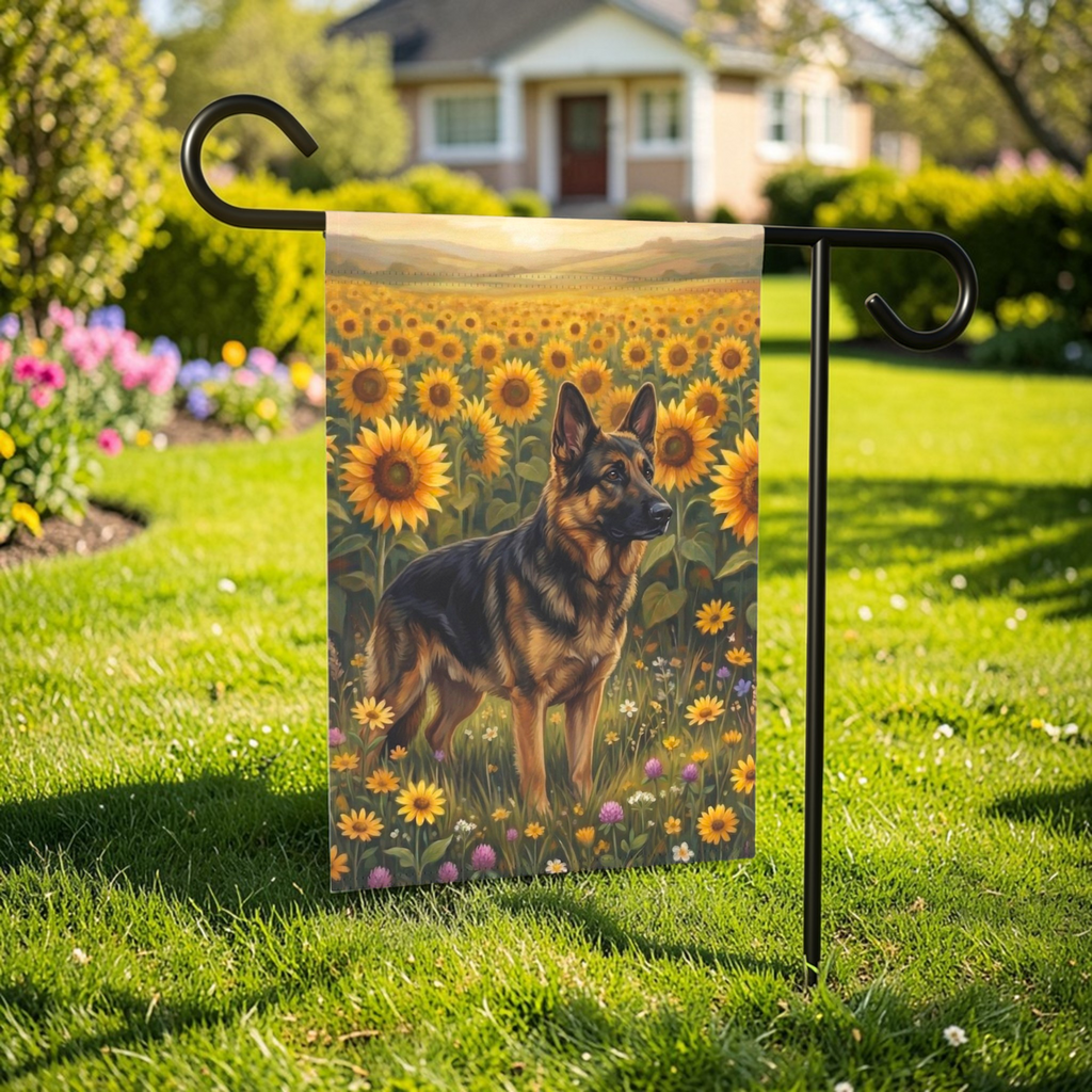 Sunflower Field German Shepherd Garden Flag - front view - Dragonfire Gardens