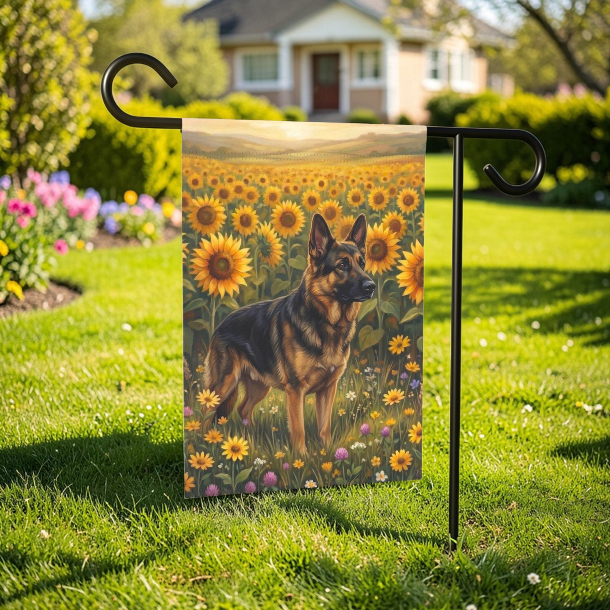 Sunflower Field German Shepherd Garden Flag - front view - Dragonfire Gardens