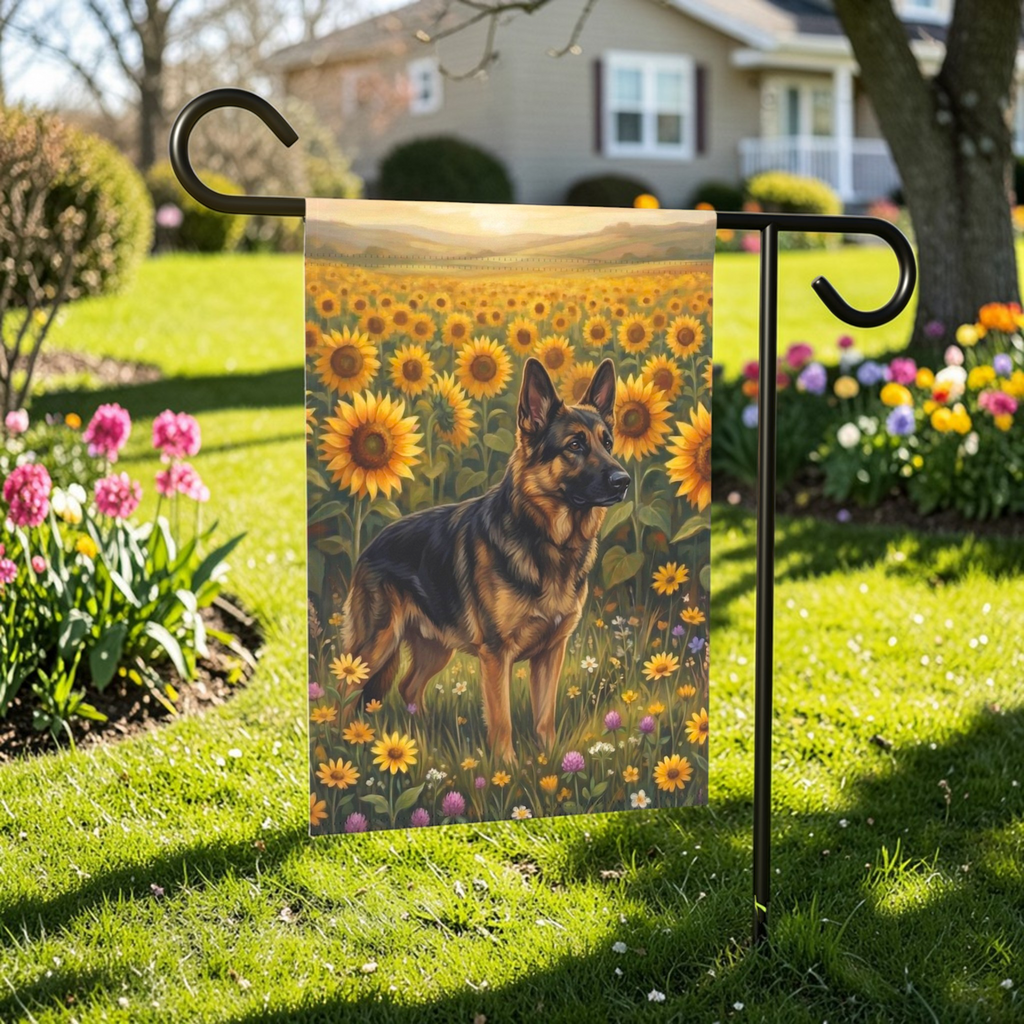 Sunflower Field German Shepherd Garden Flag - outdoor display - Dragonfire Gardens