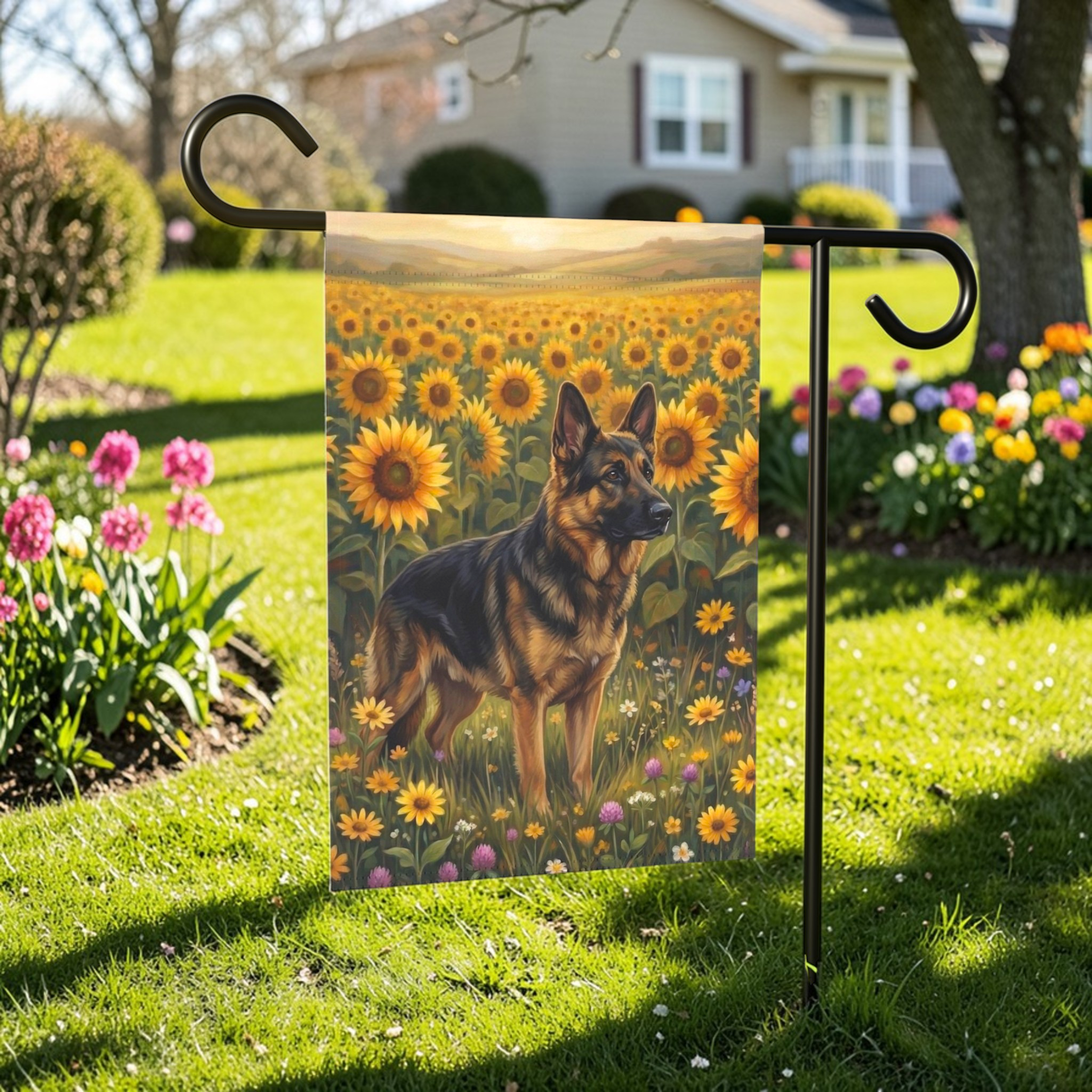 Sunflower Field German Shepherd Garden Flag - outdoor display - Dragonfire Gardens