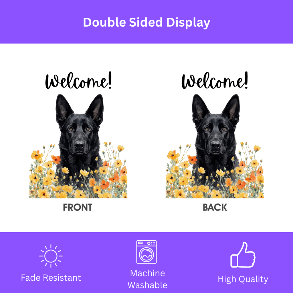 Yellow Poppies Black German Shepherd Welcome Garden Flag - porch decor - Dragonfire Gardens