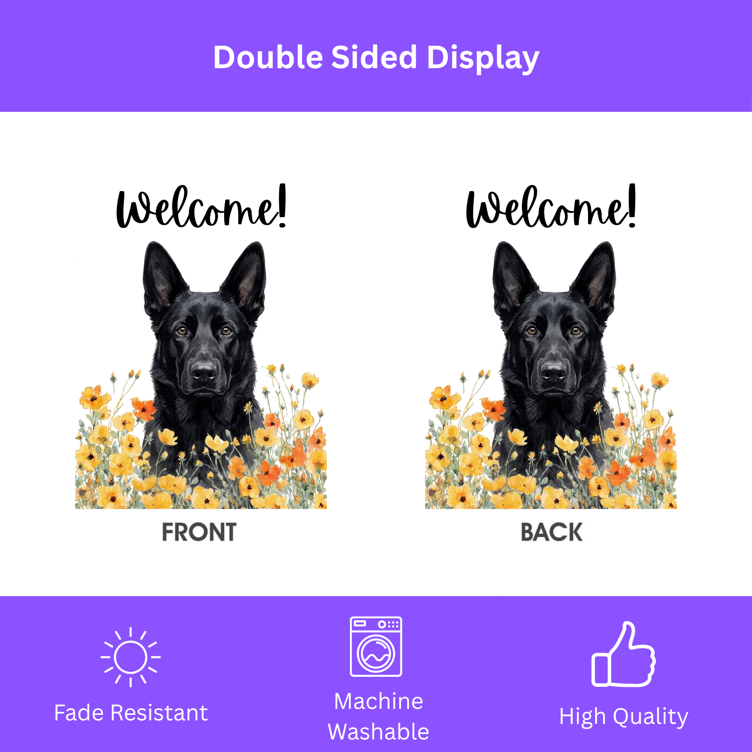 Yellow Poppies Black German Shepherd Welcome Garden Flag - porch decor - Dragonfire Gardens