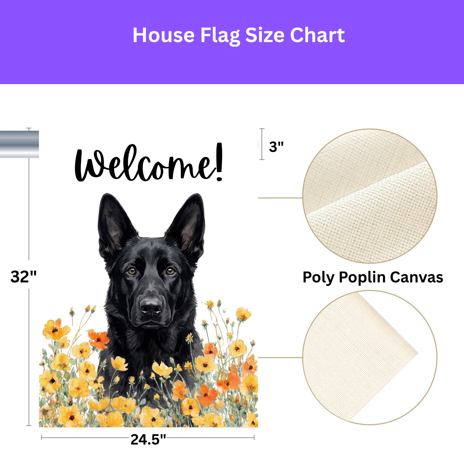 Yellow Poppies Black German Shepherd Welcome Garden Flag - size comparison - Dragonfire Gardens
