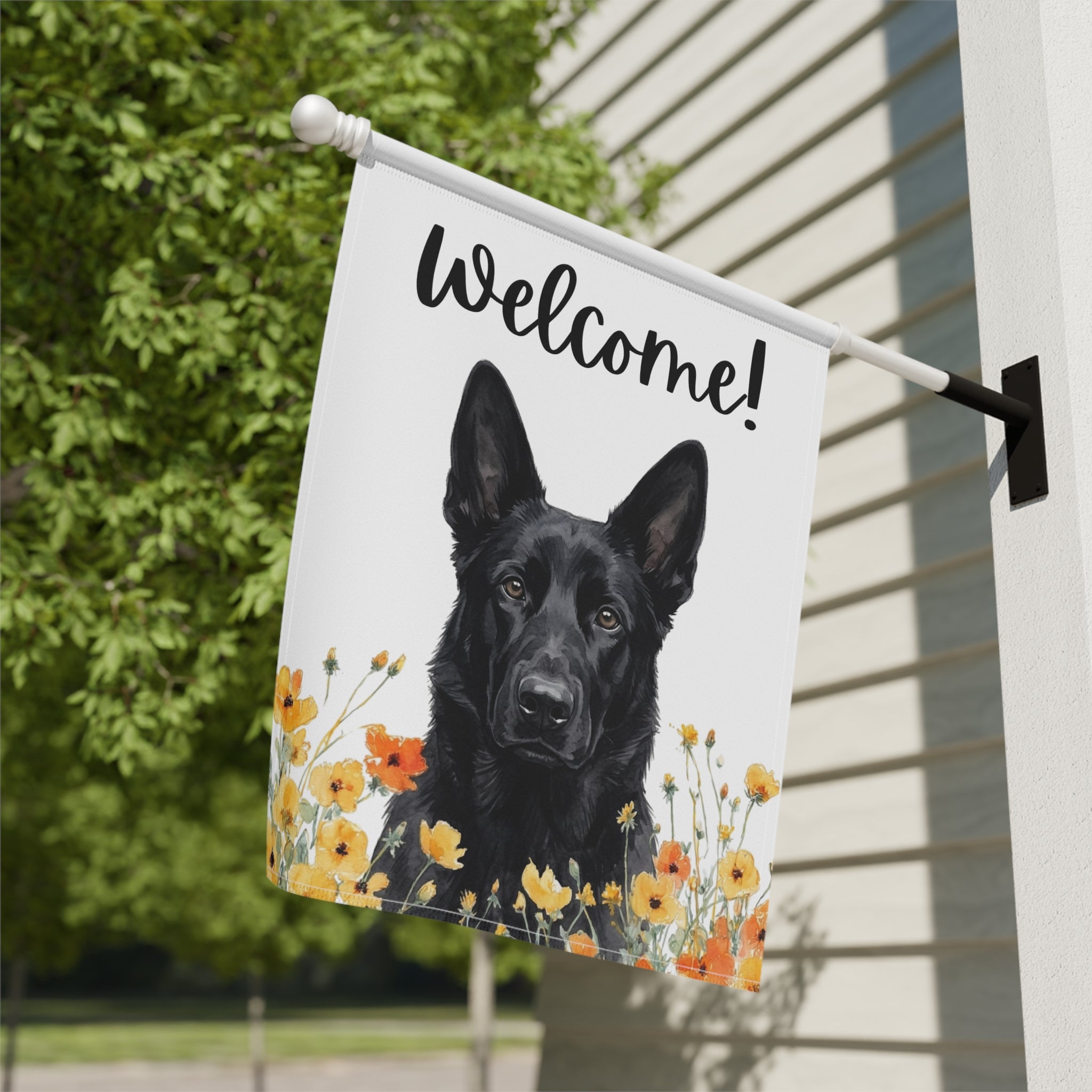 Yellow Poppies Black German Shepherd Welcome Garden Flag - yard display - Dragonfire Gardens