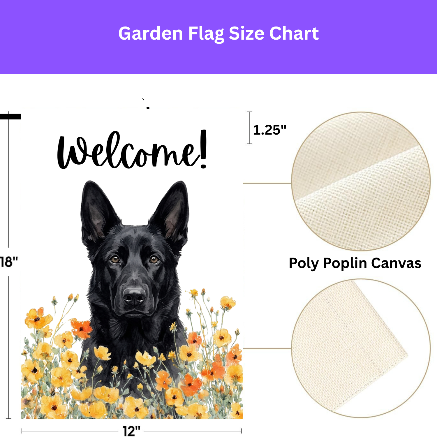 Yellow Poppies Black German Shepherd Welcome Garden Flag - double-sided design - Dragonfire Gardens