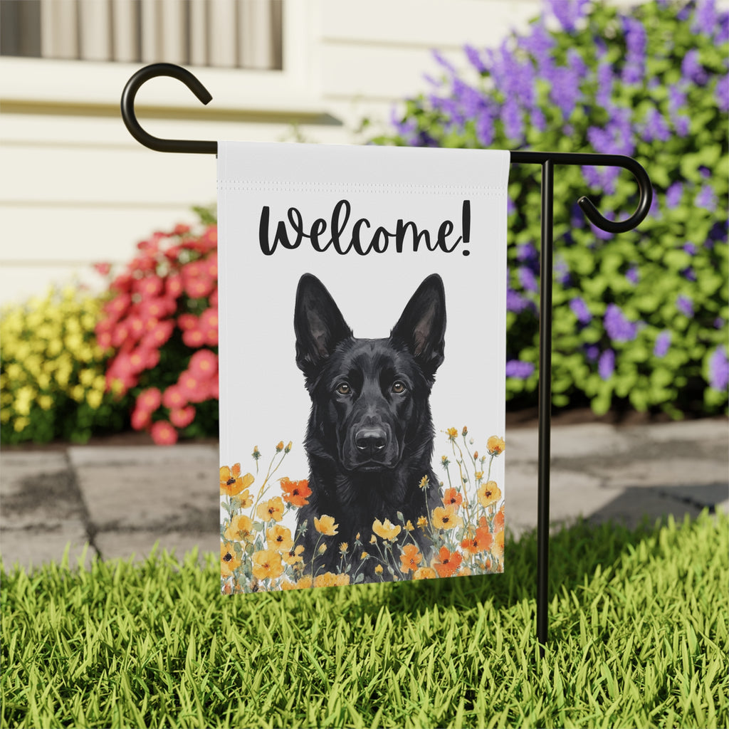 Yellow Poppies Black German Shepherd Welcome Garden Flag - close-up detail - Dragonfire Gardens