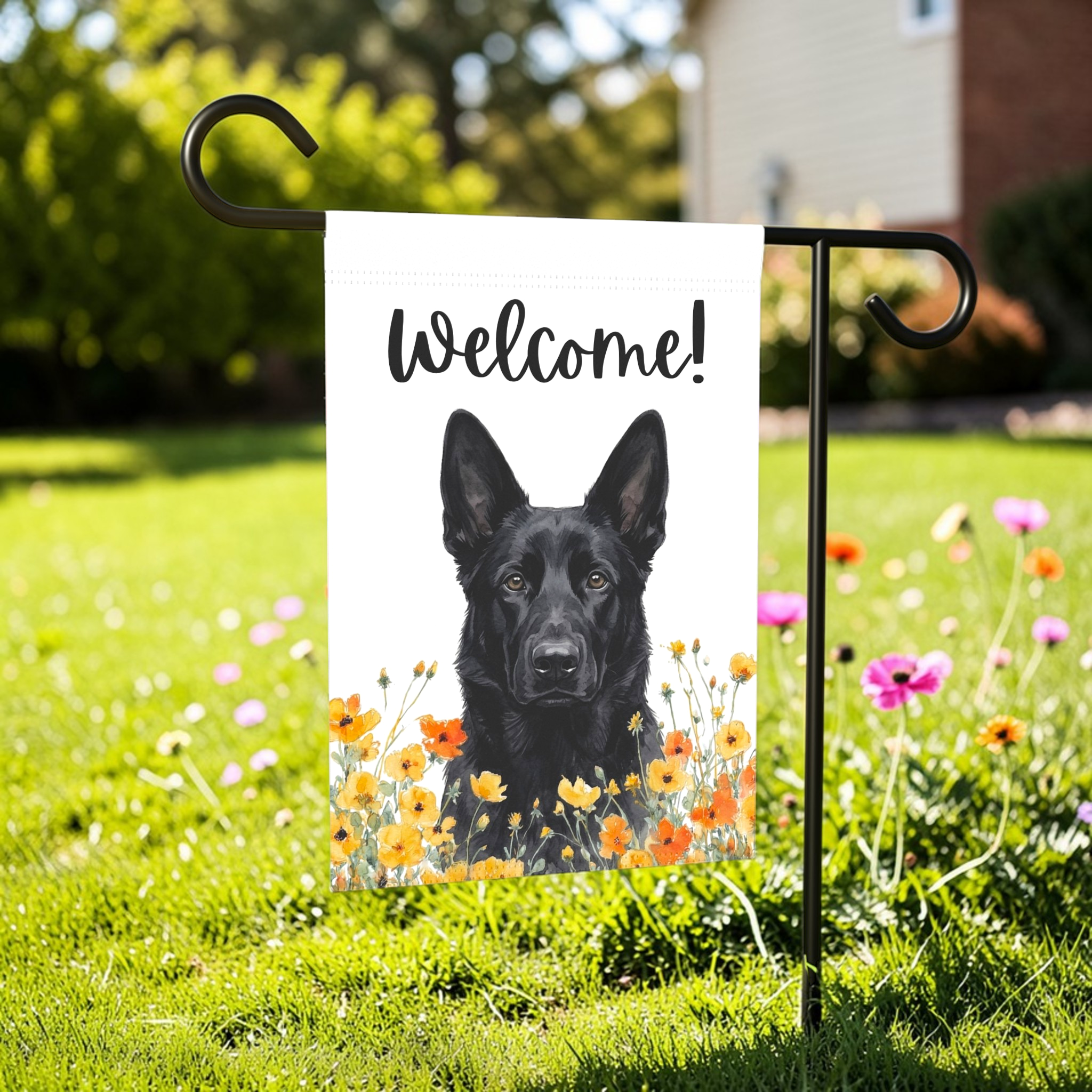 Yellow Poppies Black German Shepherd Welcome Garden Flag - lifestyle display - Dragonfire Gardens