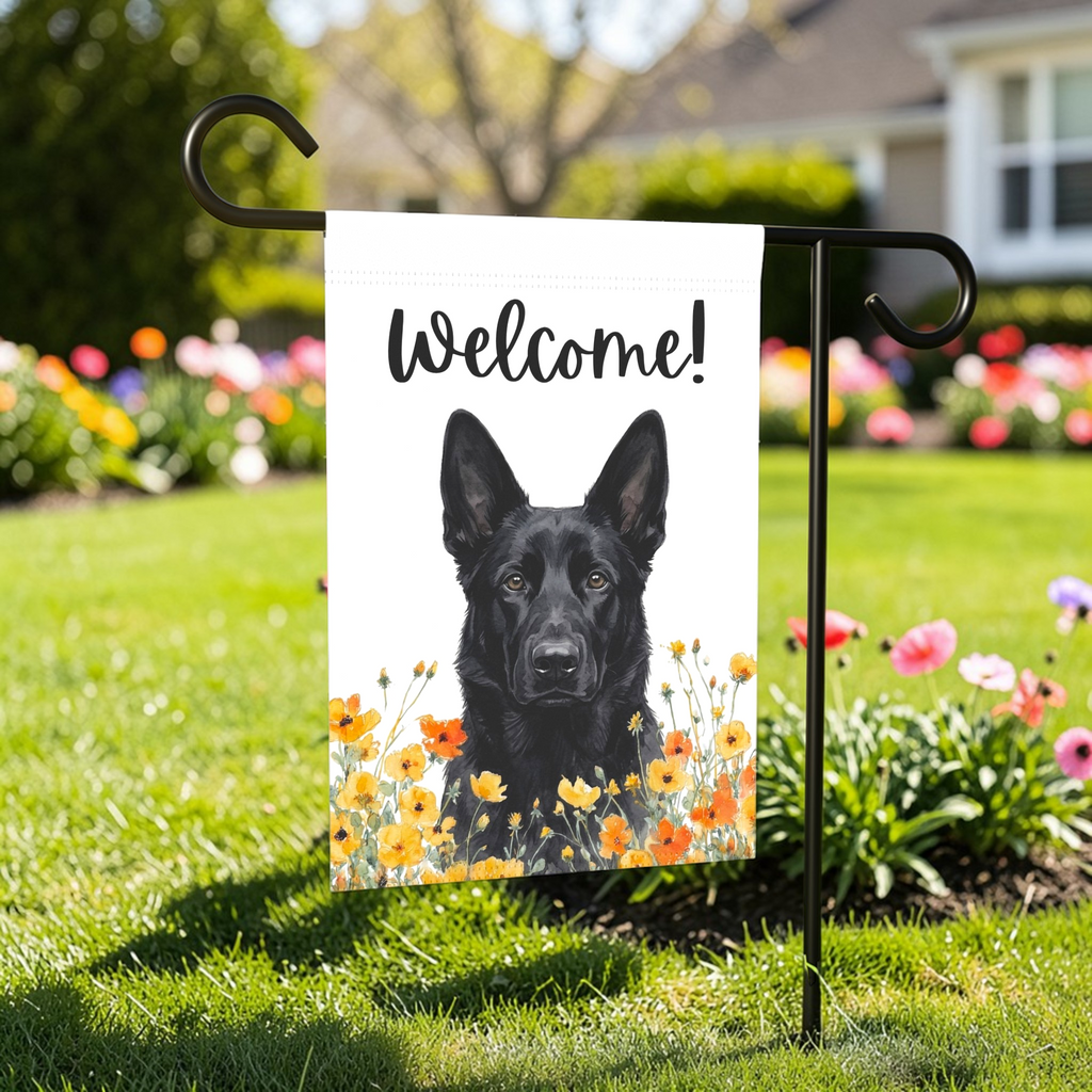 Yellow Poppies Black German Shepherd Welcome Garden Flag - front view - Dragonfire Gardens