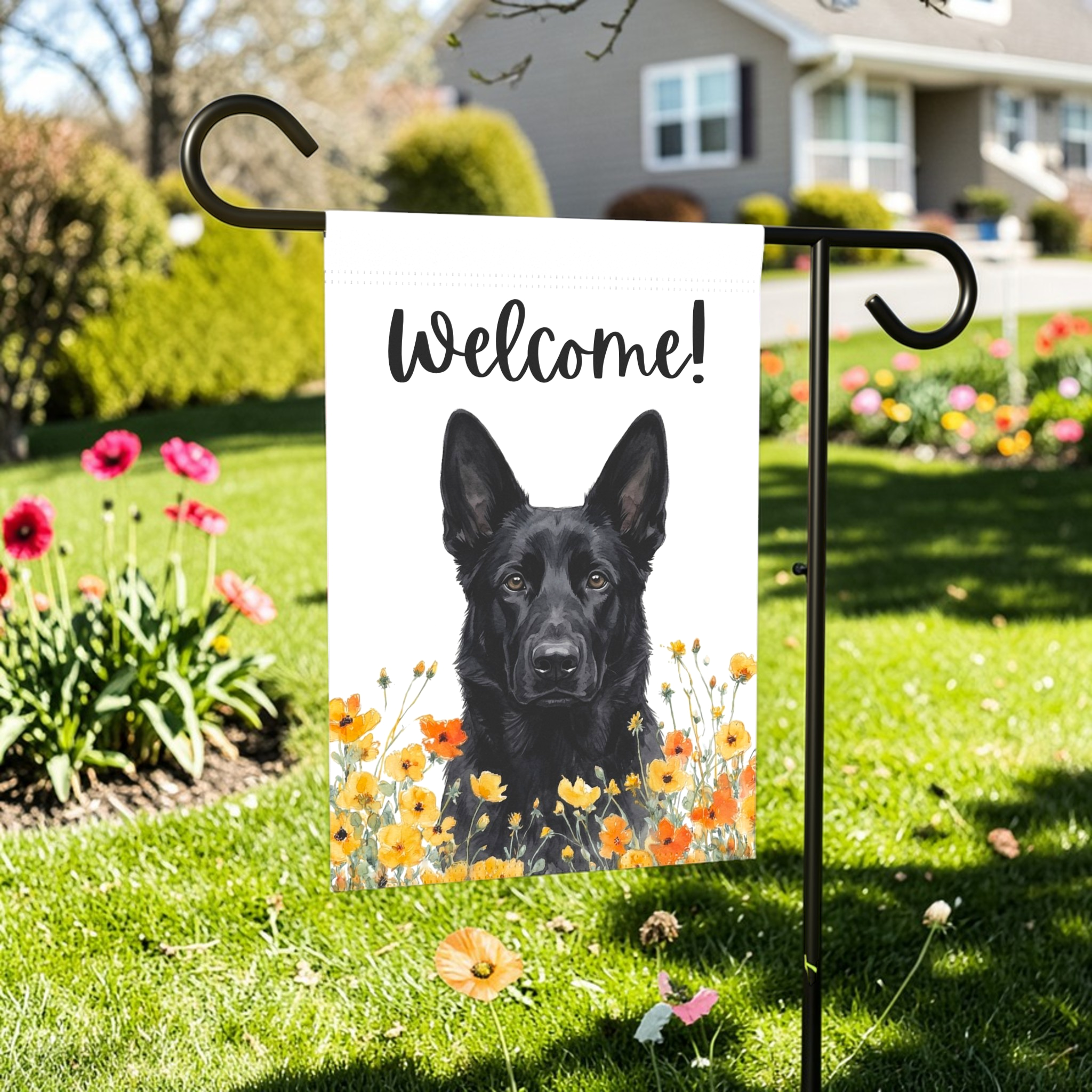 Yellow Poppies Black German Shepherd Welcome Garden Flag - outdoor display - Dragonfire Gardens