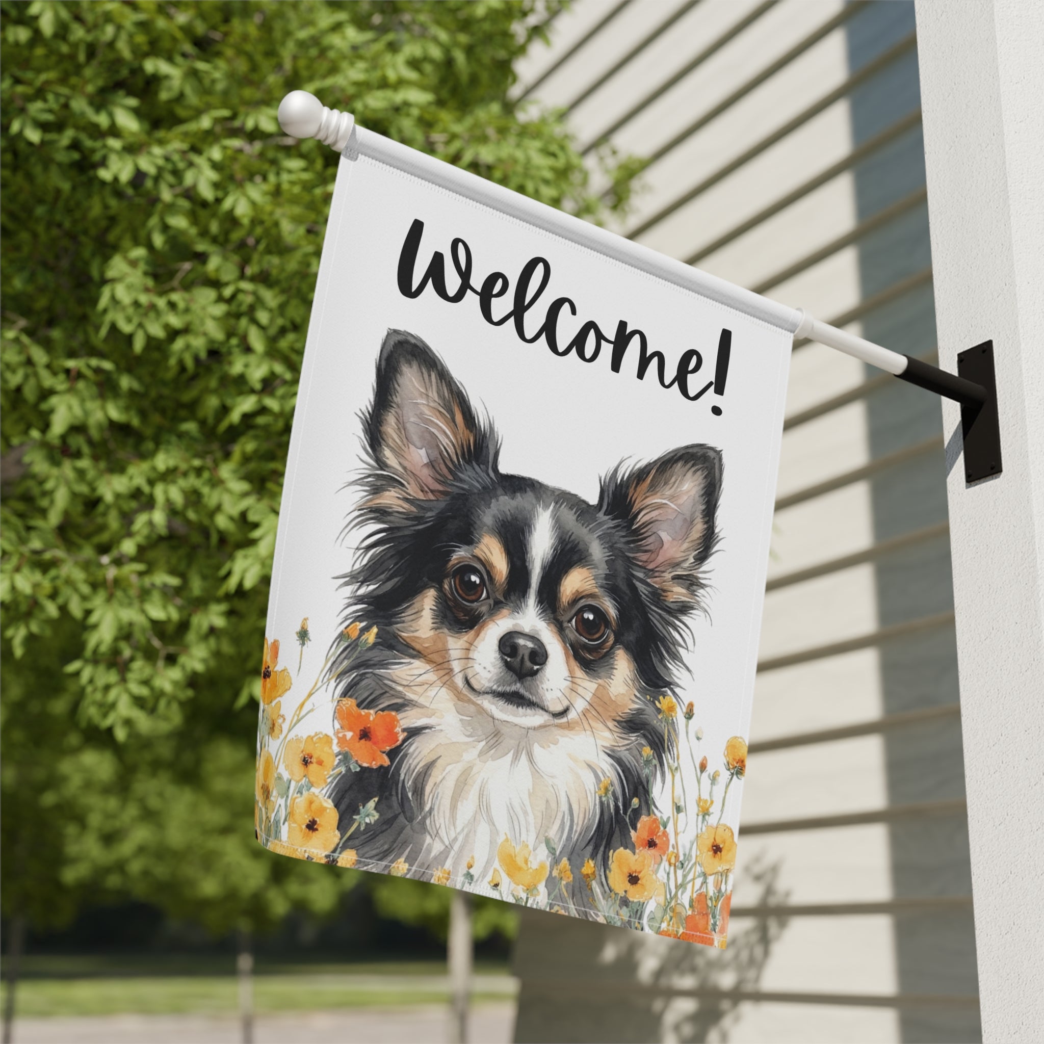 Yellow Poppies Black Long Hair Chihuahua Welcome Garden Flag - yard display - Dragonfire Gardens