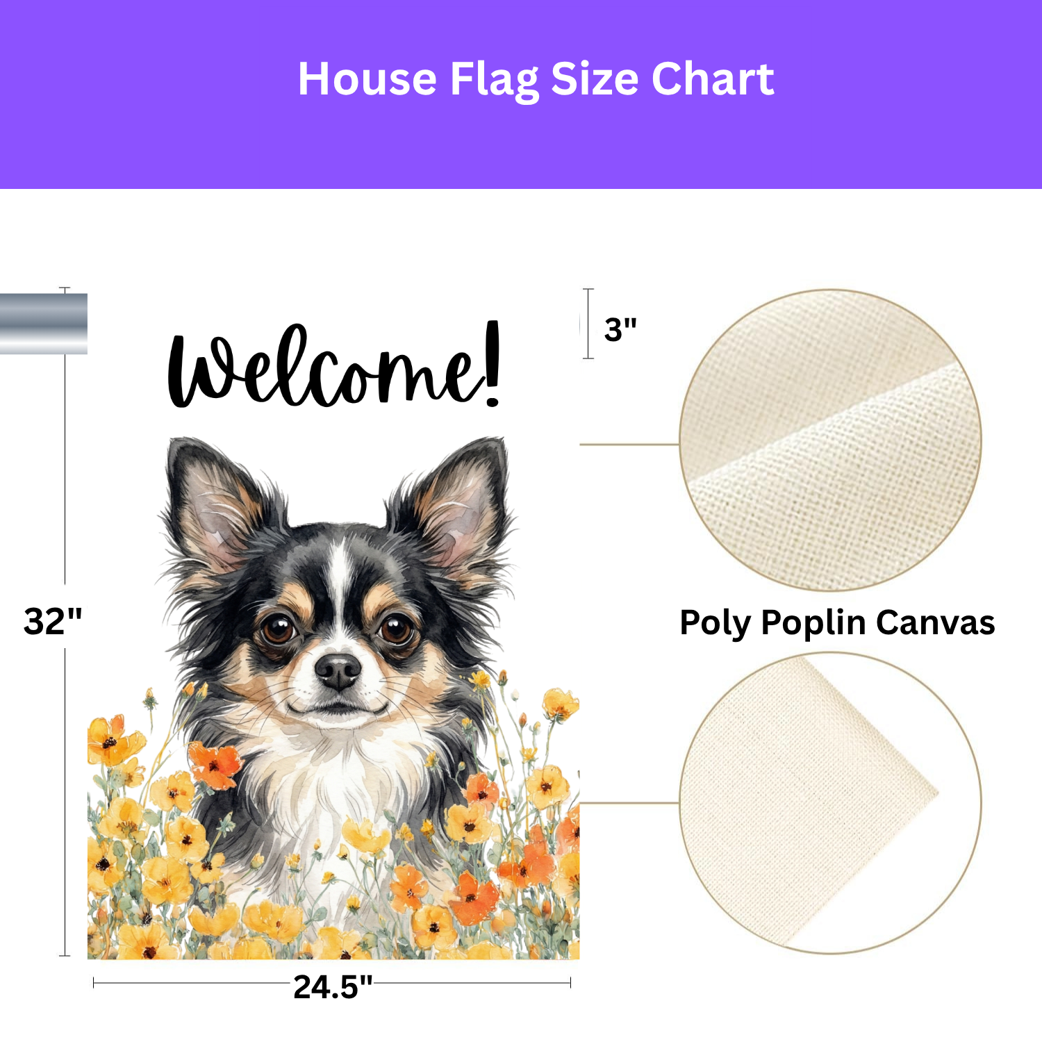 Yellow Poppies Black Long Hair Chihuahua Welcome Garden Flag - size comparison - Dragonfire Gardens