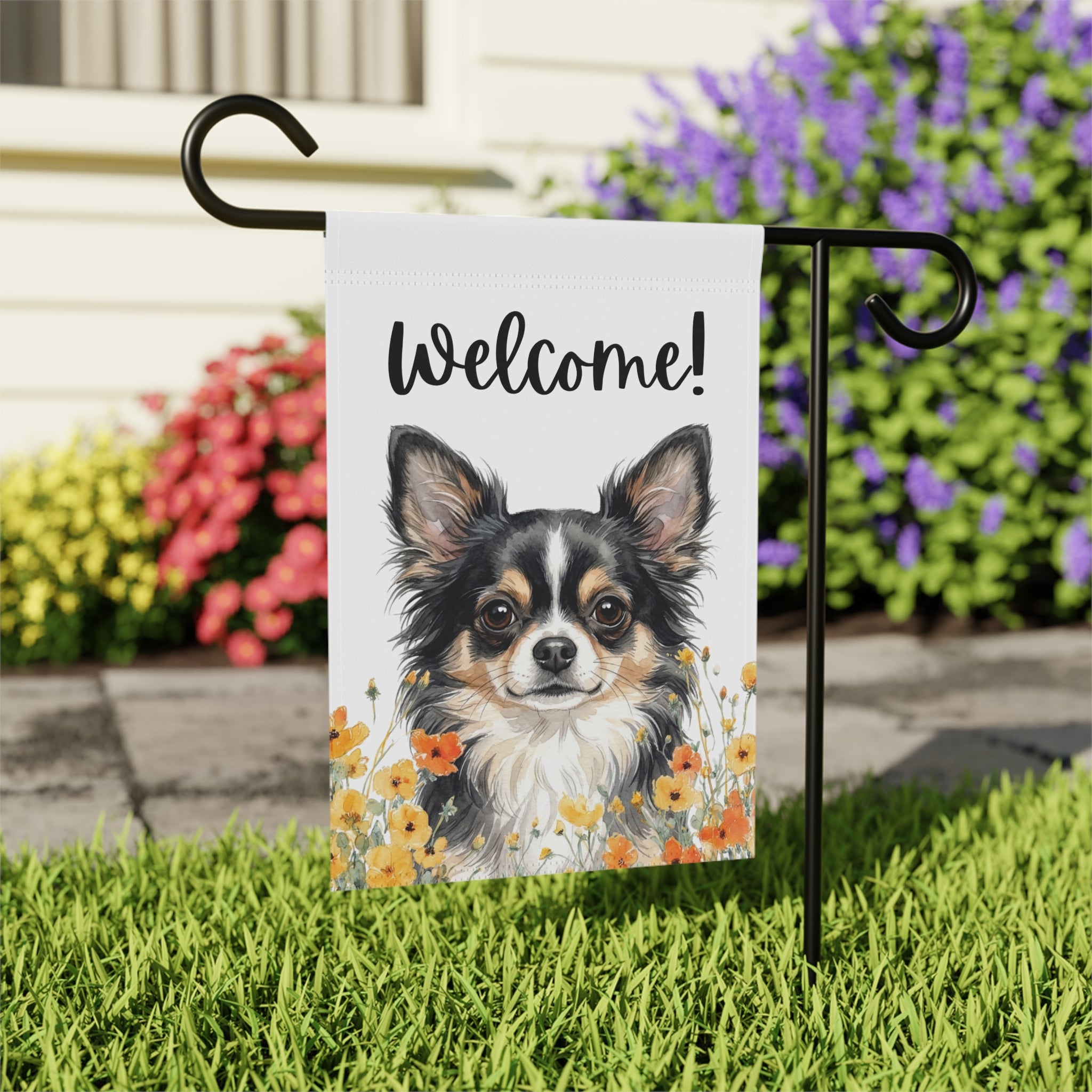 Yellow Poppies Black Long Hair Chihuahua Welcome Garden Flag - close-up detail - Dragonfire Gardens