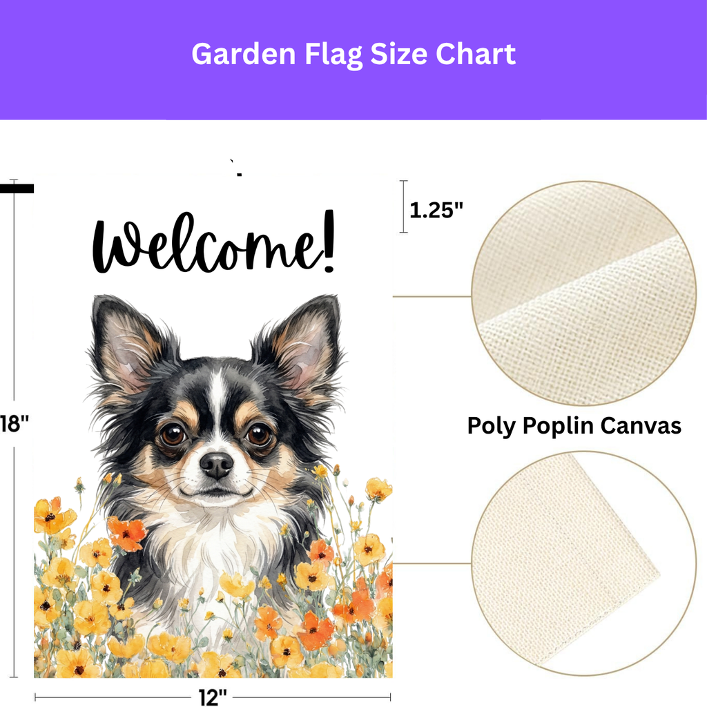 Yellow Poppies Black Long Hair Chihuahua Welcome Garden Flag - double-sided design - Dragonfire Gardens