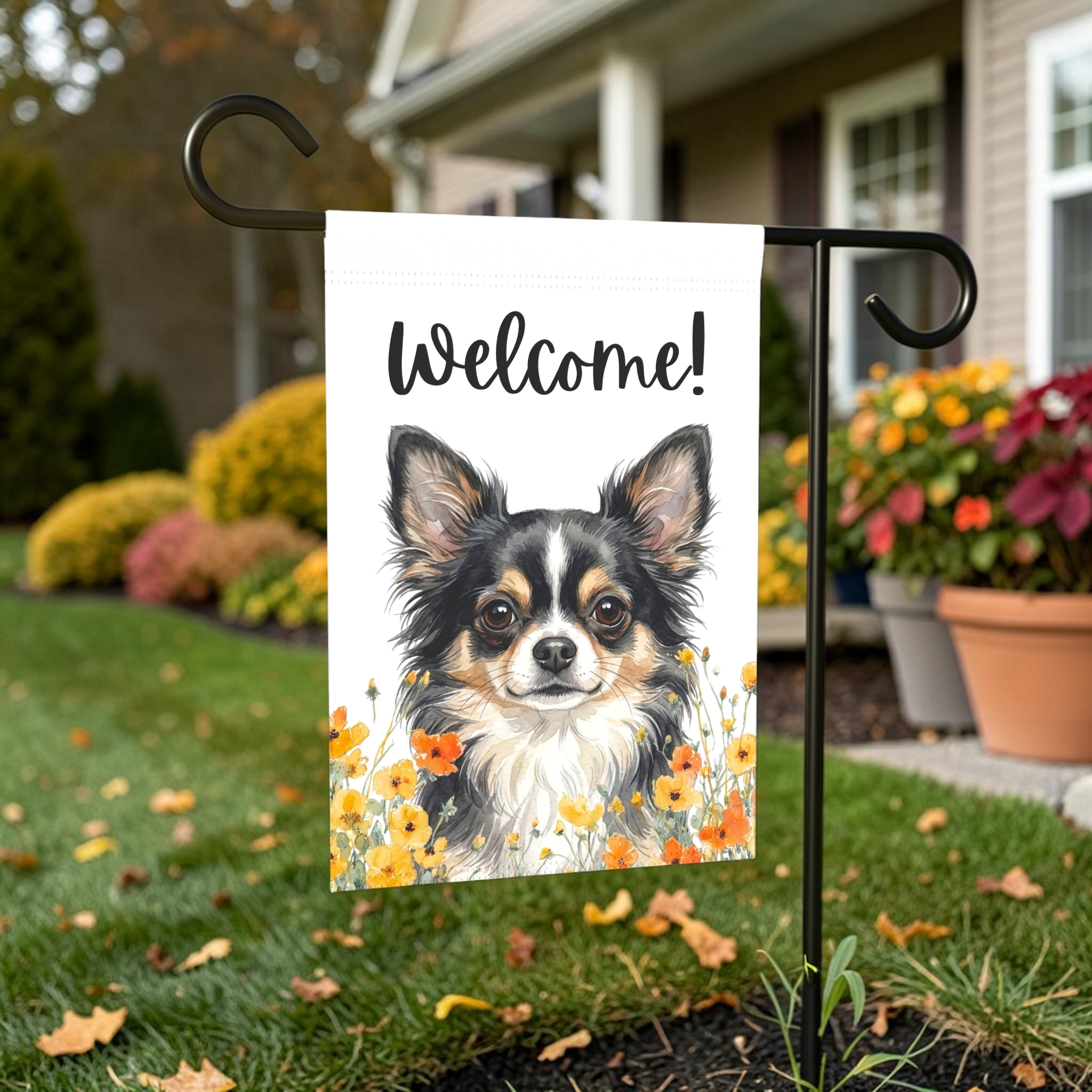 Yellow Poppies Black Long Hair Chihuahua Welcome Garden Flag - lifestyle display - Dragonfire Gardens