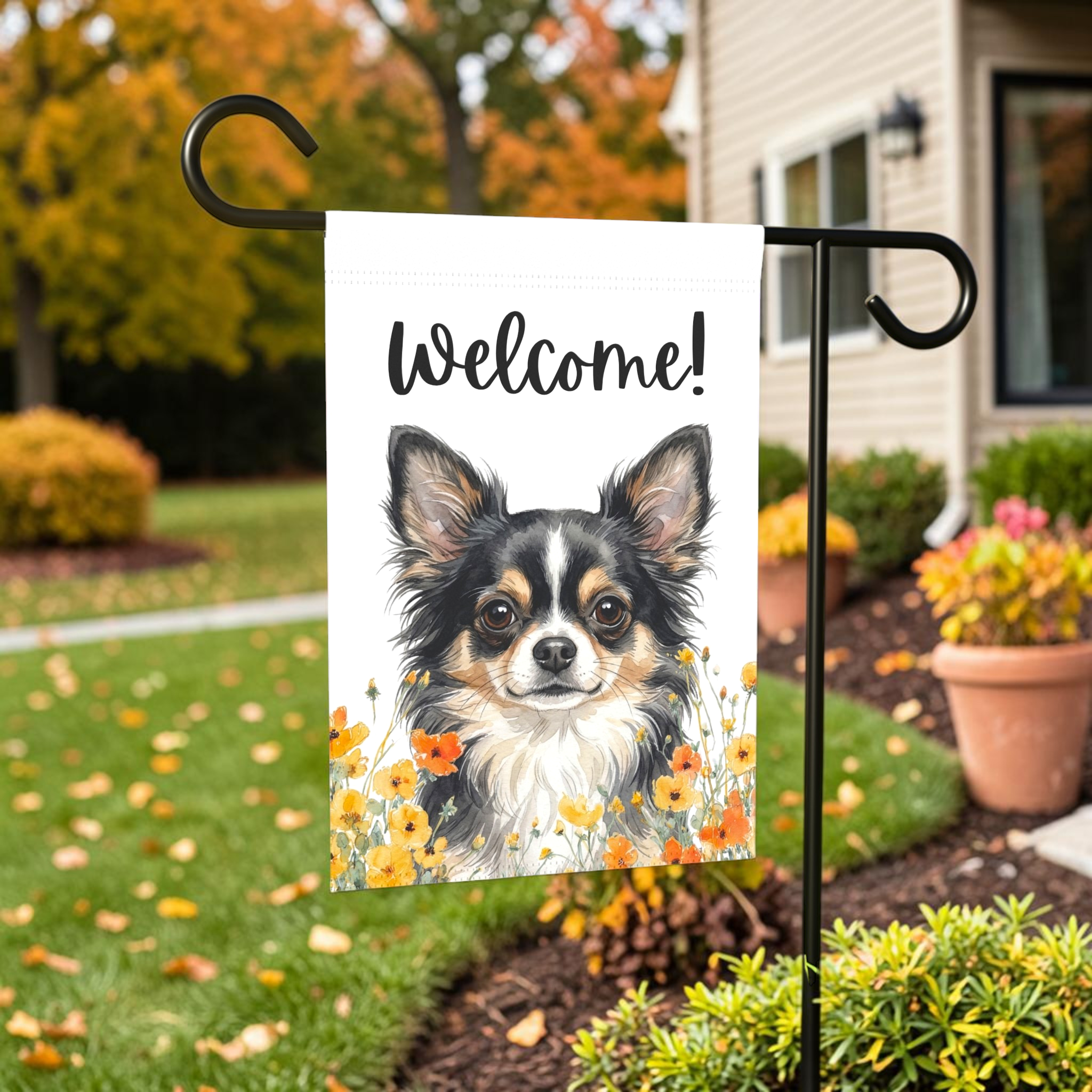 Yellow Poppies Black Long Hair Chihuahua Welcome Garden Flag - outdoor display - Dragonfire Gardens