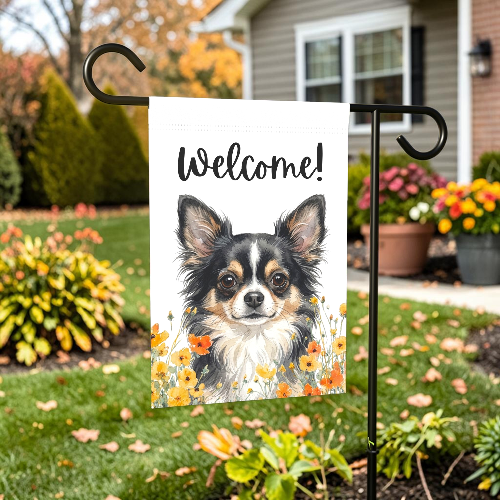 Yellow Poppies Black Long Hair Chihuahua Welcome Garden Flag - front view - Dragonfire Gardens