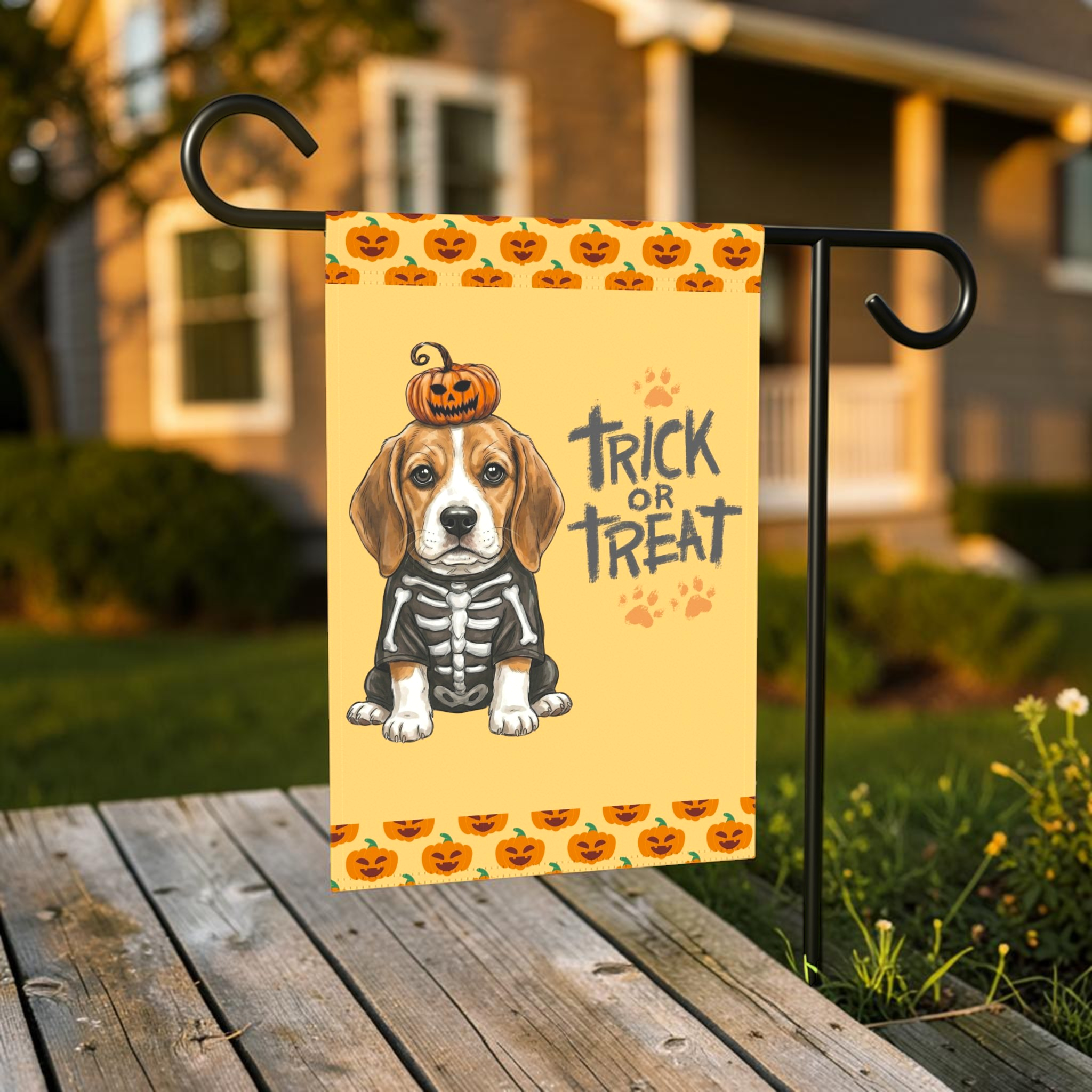 Trick or Treat Beagle Puppy Halloween Garden Flag - lifestyle display - Dragonfire Gardens