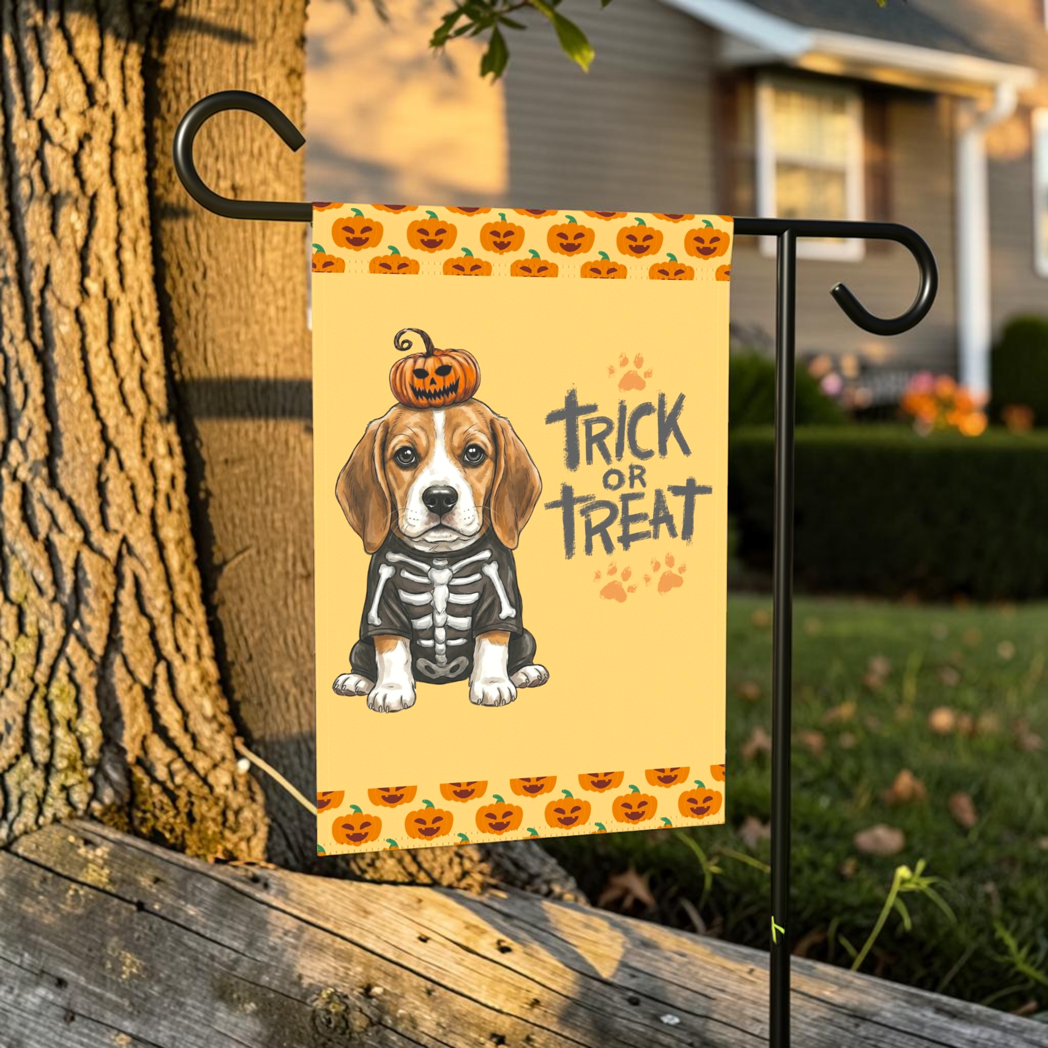 Trick or Treat Beagle Puppy Halloween Garden Flag - outdoor display - Dragonfire Gardens