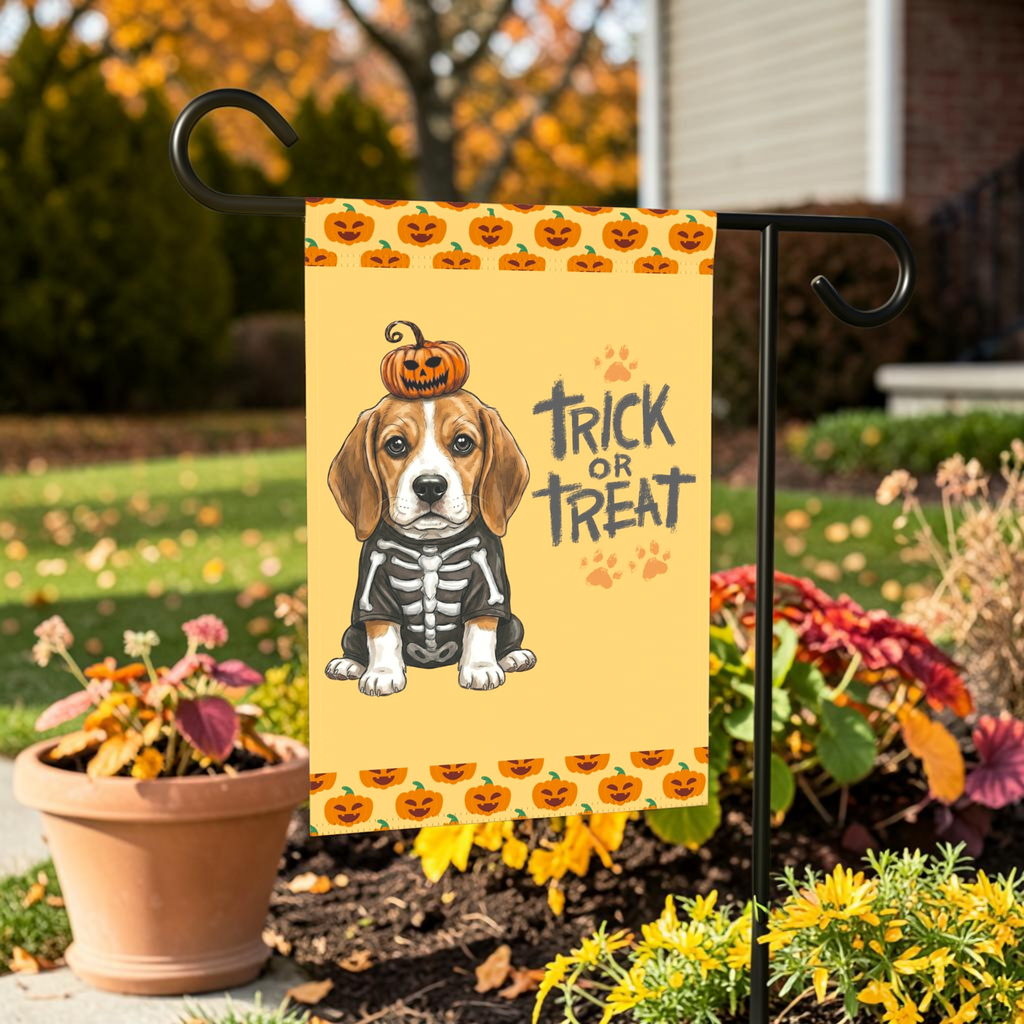 Trick or Treat Beagle Puppy Halloween Garden Flag - front view - Dragonfire Gardens