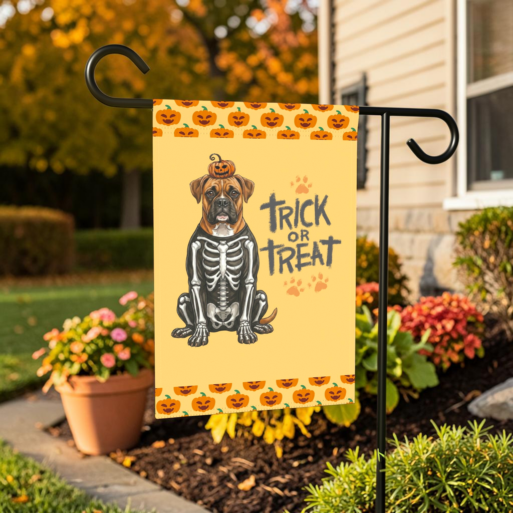 Trick or Treat Boxer Halloween Garden Flag - outdoor display - Dragonfire Gardens