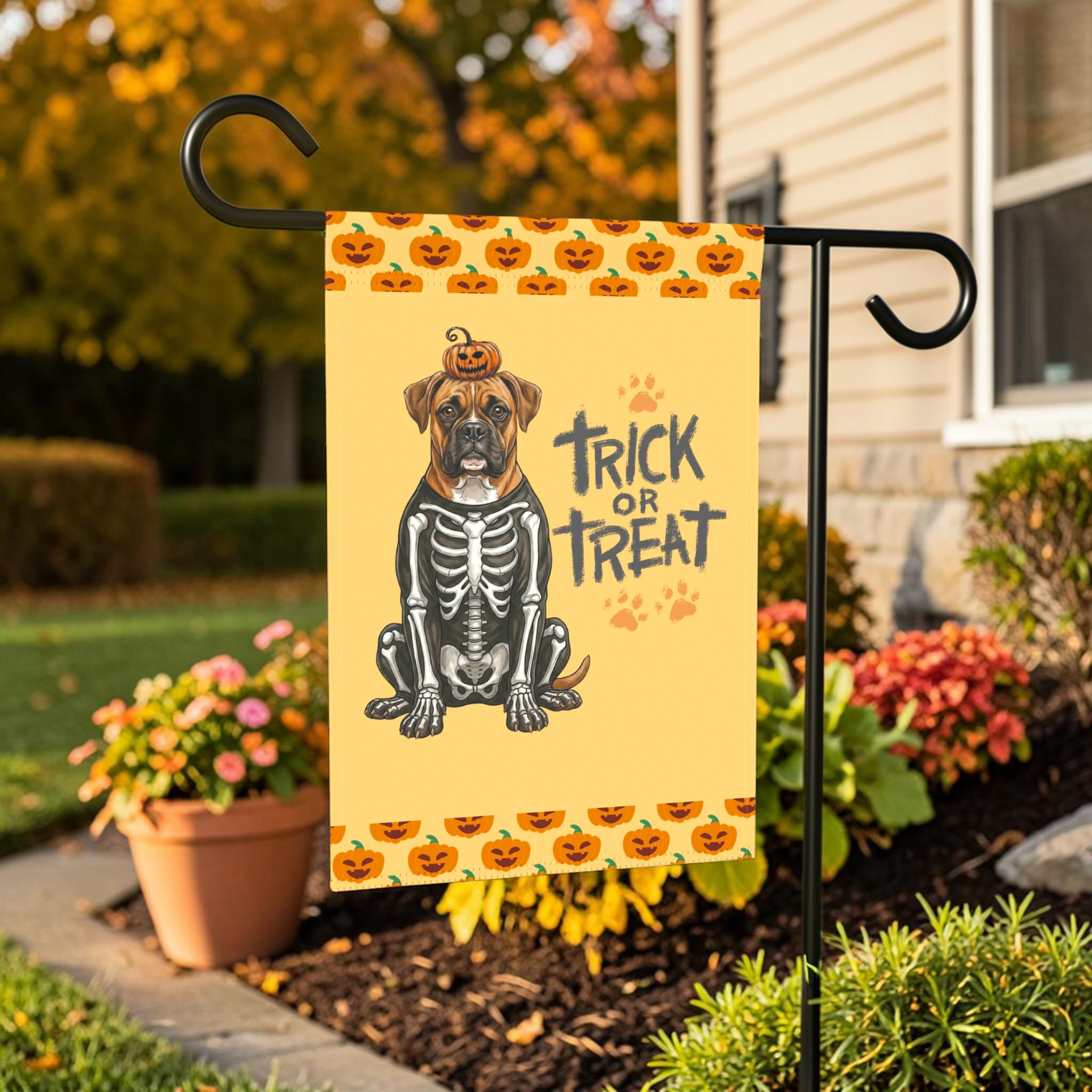Trick or Treat Boxer Halloween Garden Flag - outdoor display - Dragonfire Gardens
