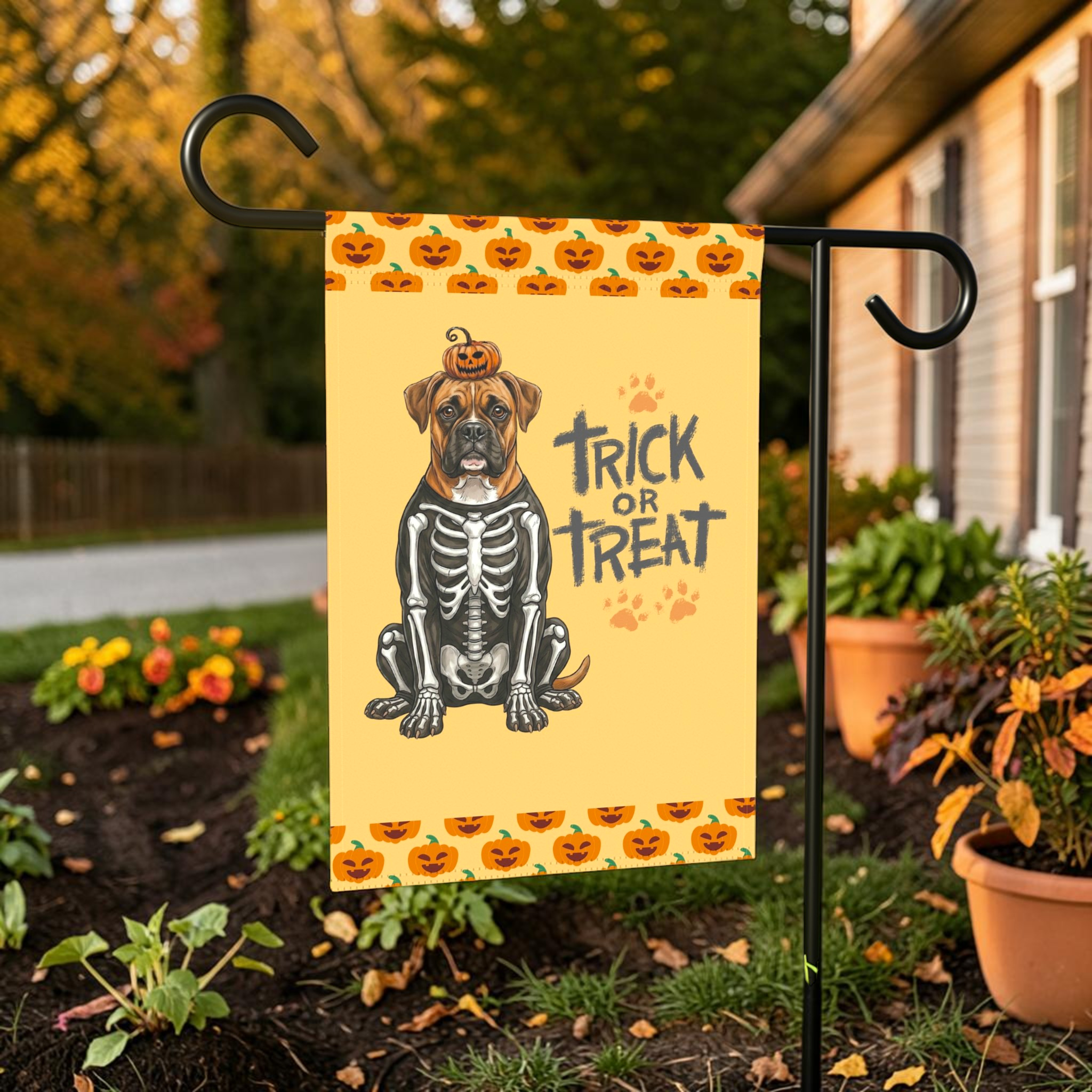 Trick or Treat Boxer Halloween Garden Flag - lifestyle display - Dragonfire Gardens
