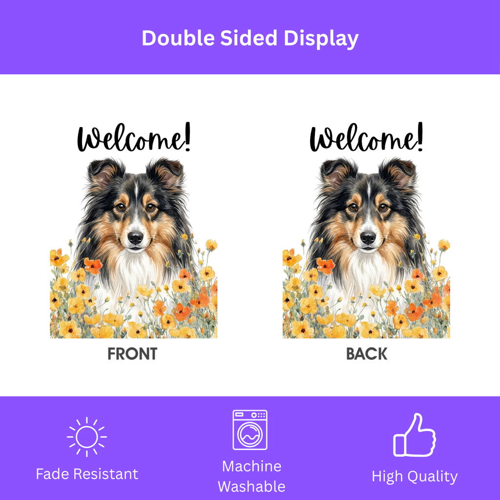 Yellow Poppies Sheltie Welcome Garden Flag - double-sided design - Dragonfire Gardens